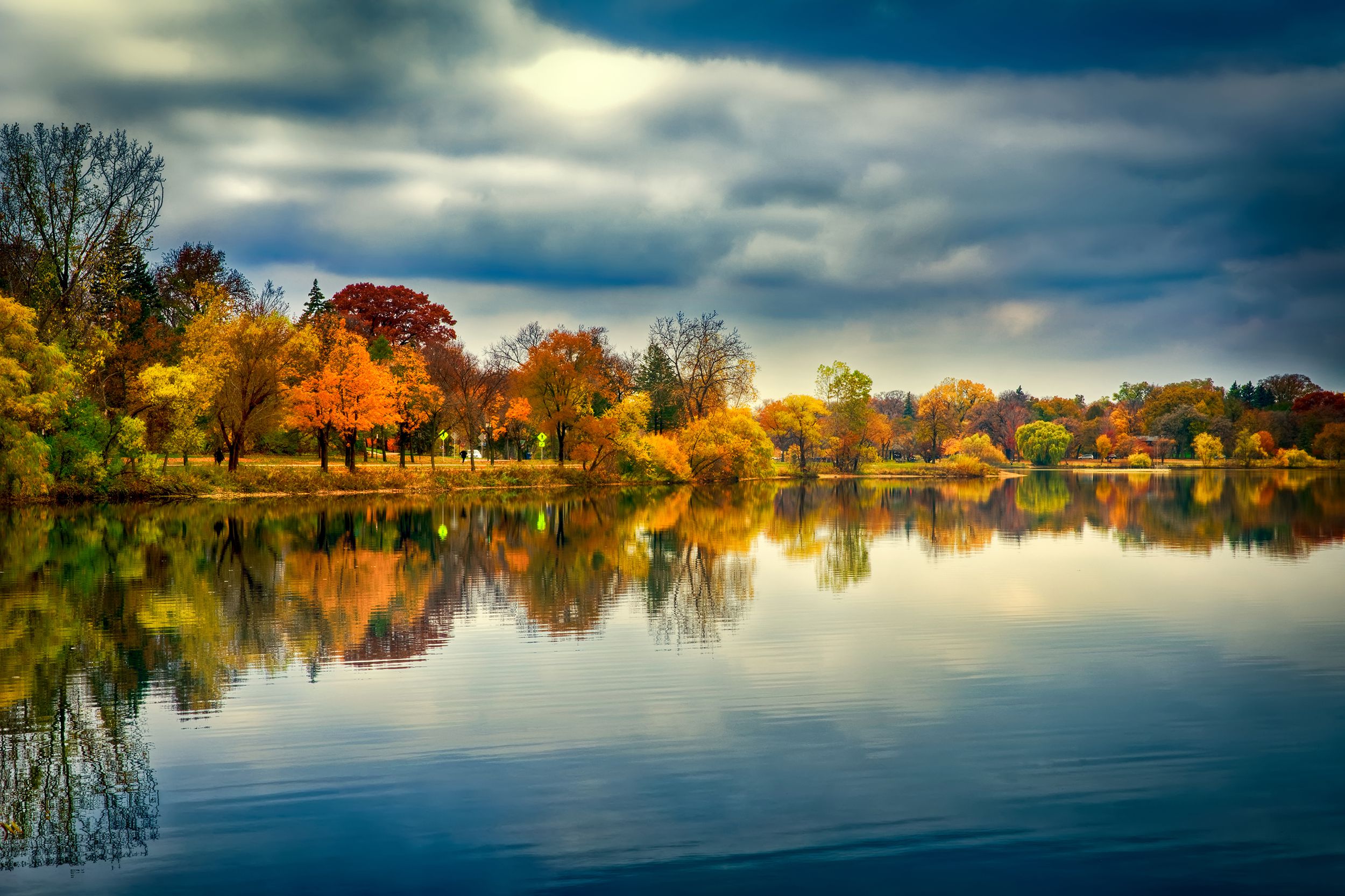 Late autumn, lake view on overcast day at Calhoun Beach, Minneapolis