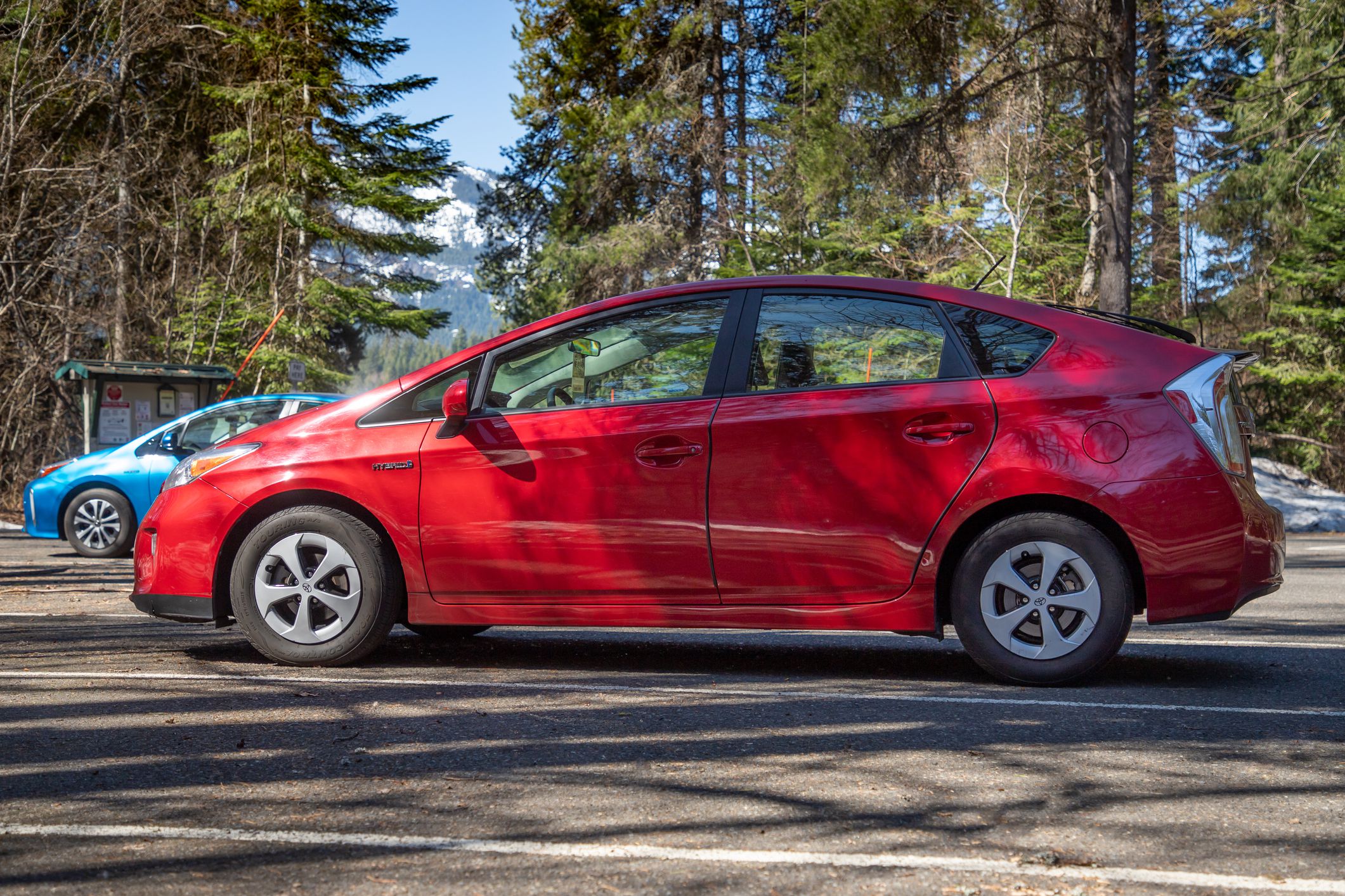 Lake Easton State Park, WA - USA: 04-16-2021: Two Toyota Prius Hybrid Cars