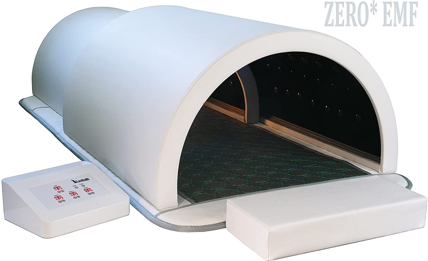 White 1Love Sauna Dome with infrared heating technology in three independently controlled heating zones, with a temperature range of 77 to 194 degrees.
