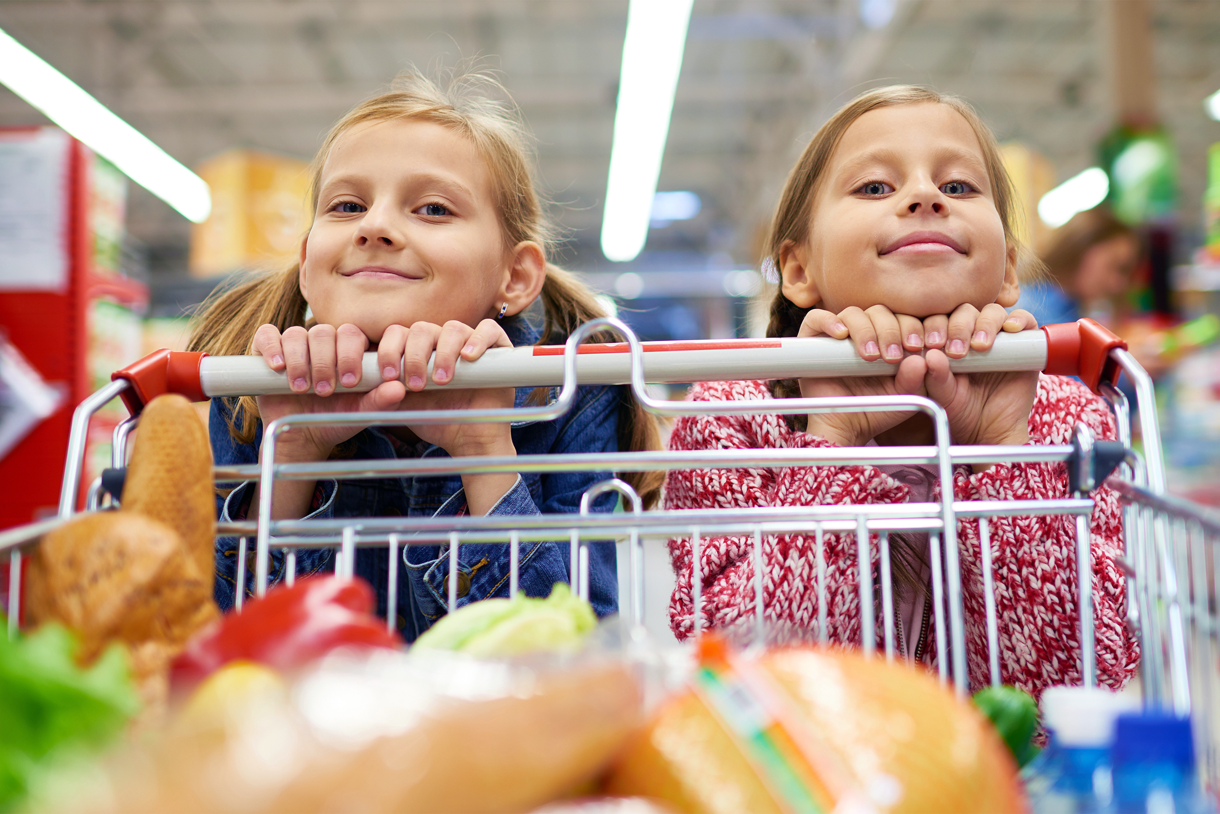 Two young girls in a shopping cart