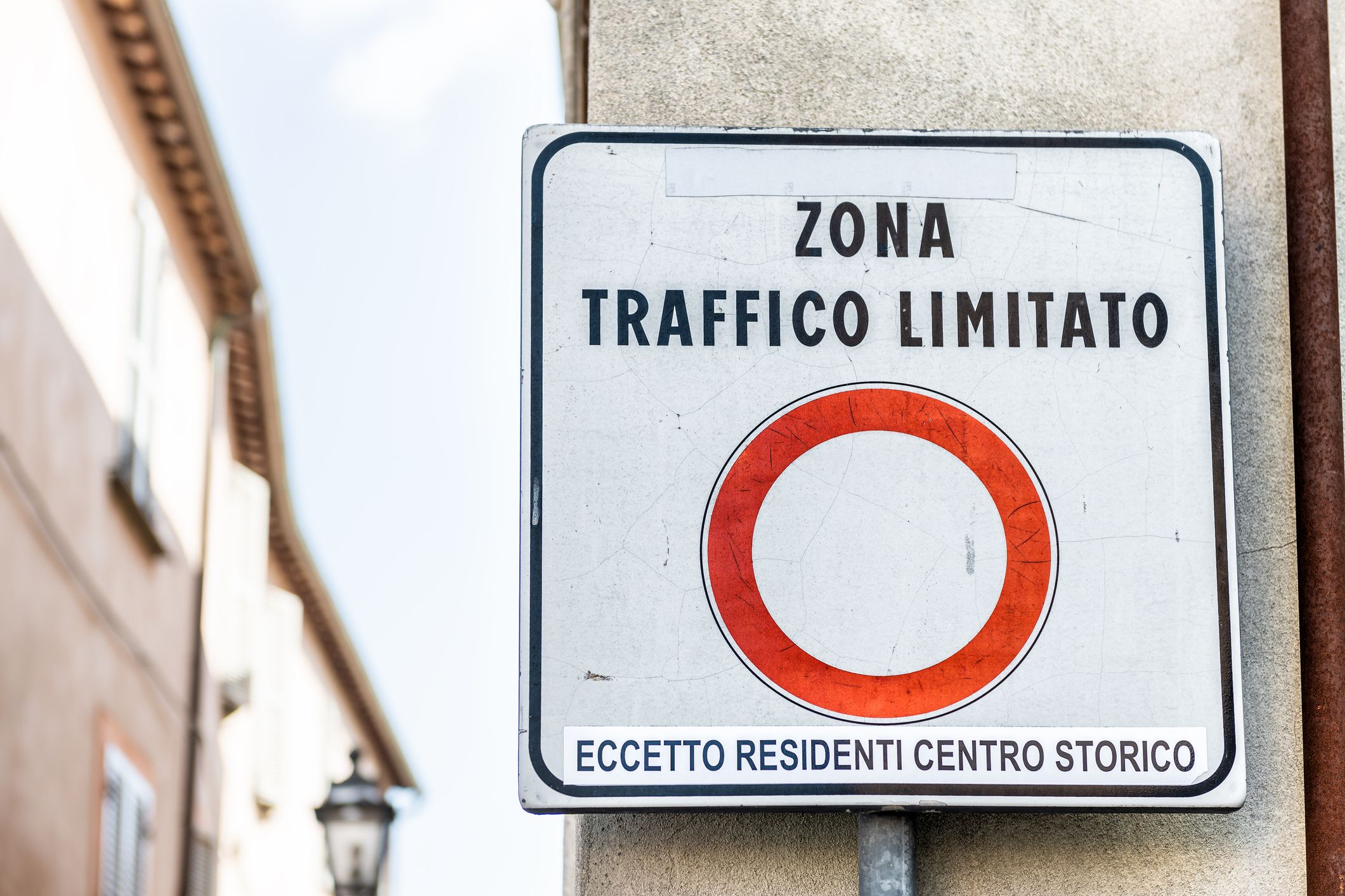 Zona Traffico Limitato, ZTL limited traffic zone sign in little, small Italian town restricting cars to historical, historic center of Orvieto, Italy