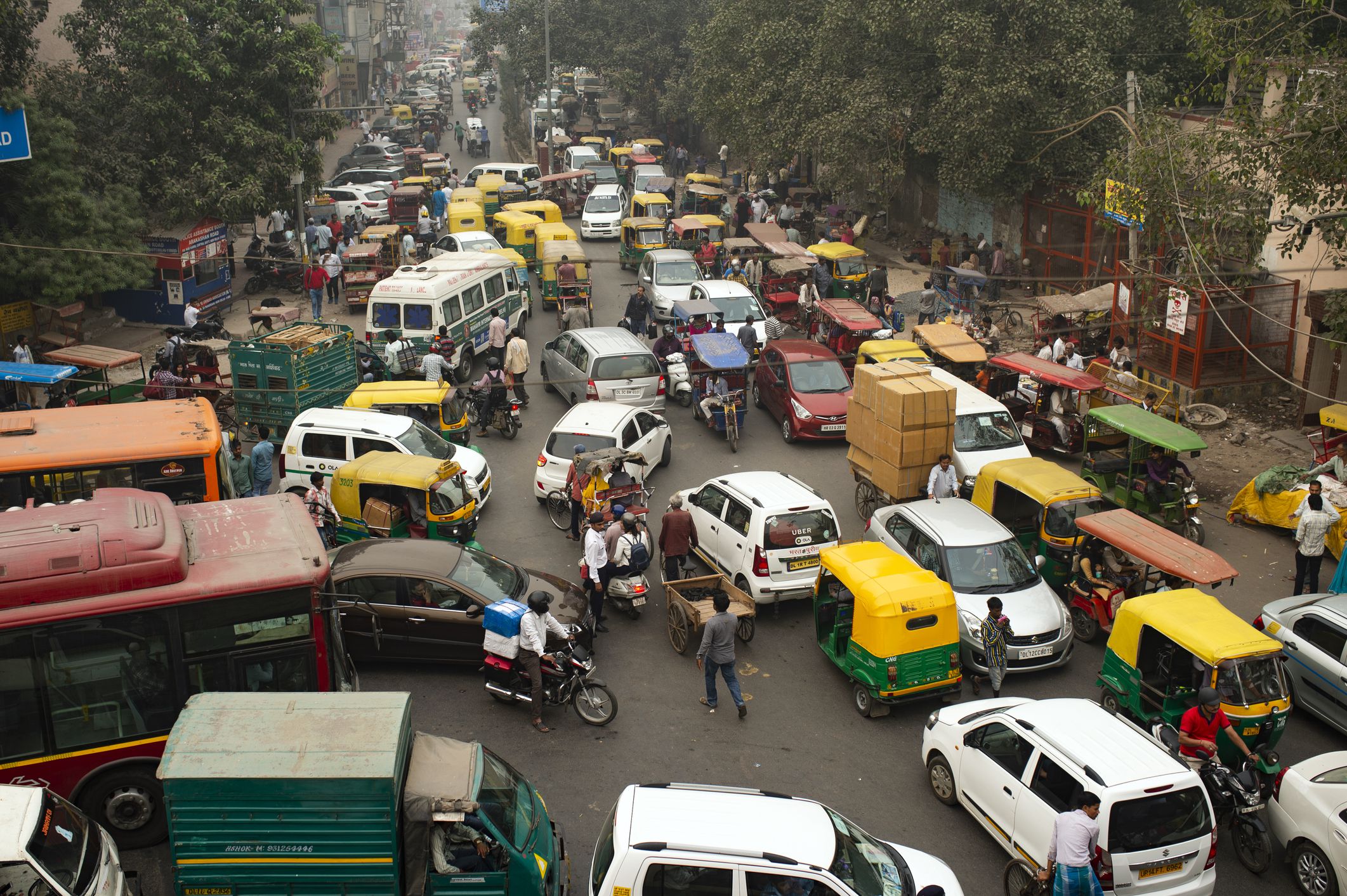 Traffic jam on the polluted streets of New Delhi, India. Delhi has the highest number of motor vehicles and the traffic congestion is limited in few areas.
