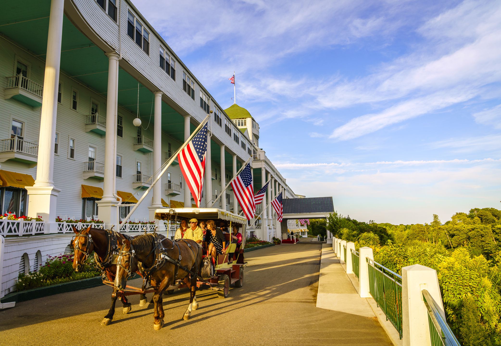 Mackinac Island, Michigan, August 8, 2016: Grand Hotel on Mackinac Island, Michigan. The hotel was built in 1887 and designated as a State Historical Building.