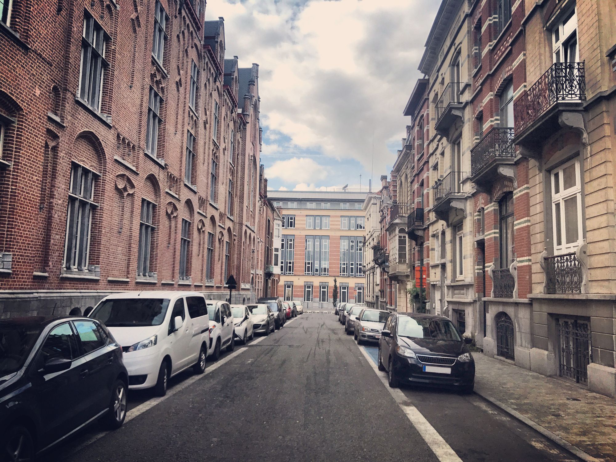 Residential district with cars parked on the street, Brussels, Belgium