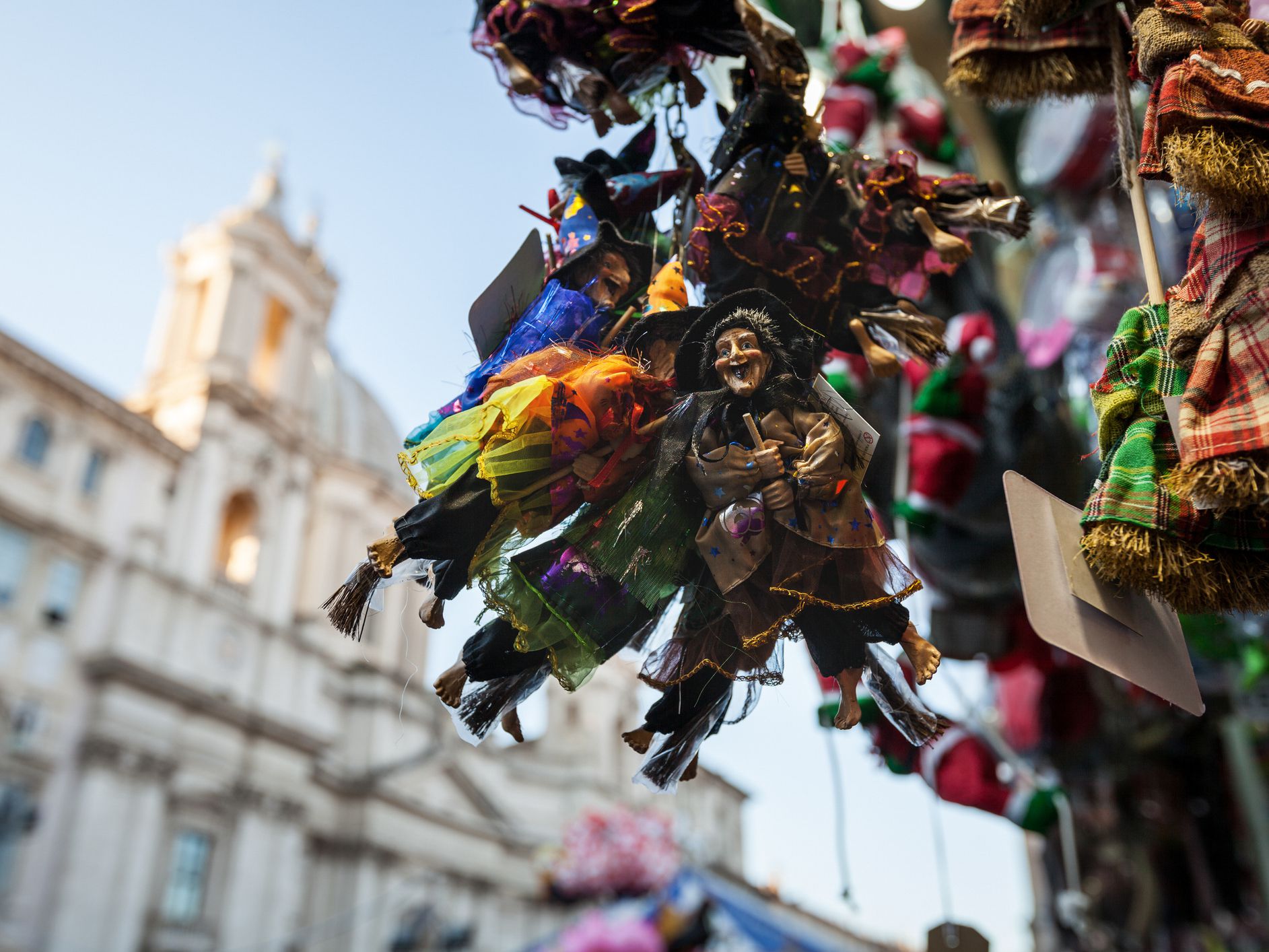 Christmas in Piazza Navona, in Rome. Handicrafts figuring befana sold by the street vendor shops.