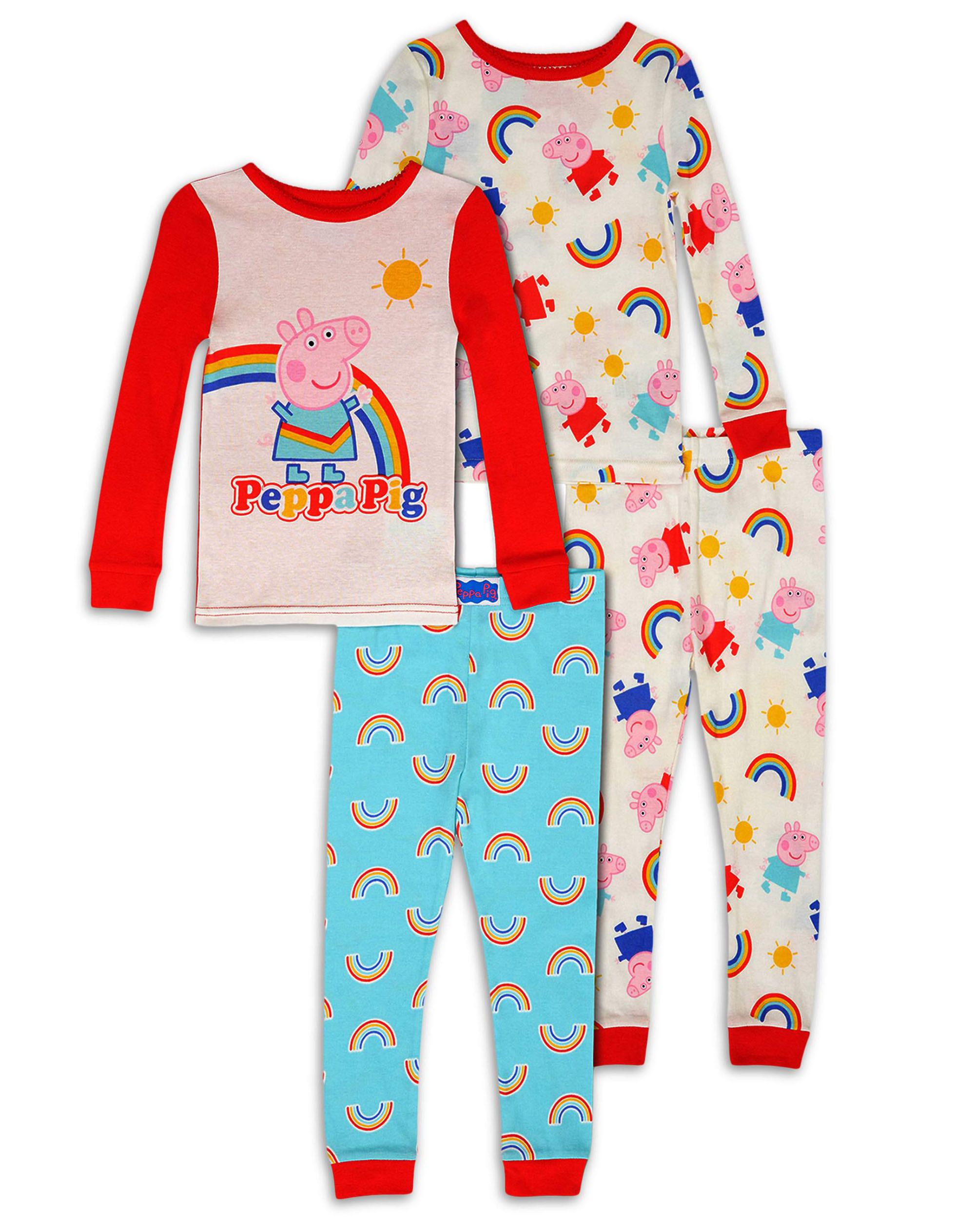 Peppa Pig Toddler Girls Long Sleeve Snug Fit Cotton Pajamas, 4pc Set
