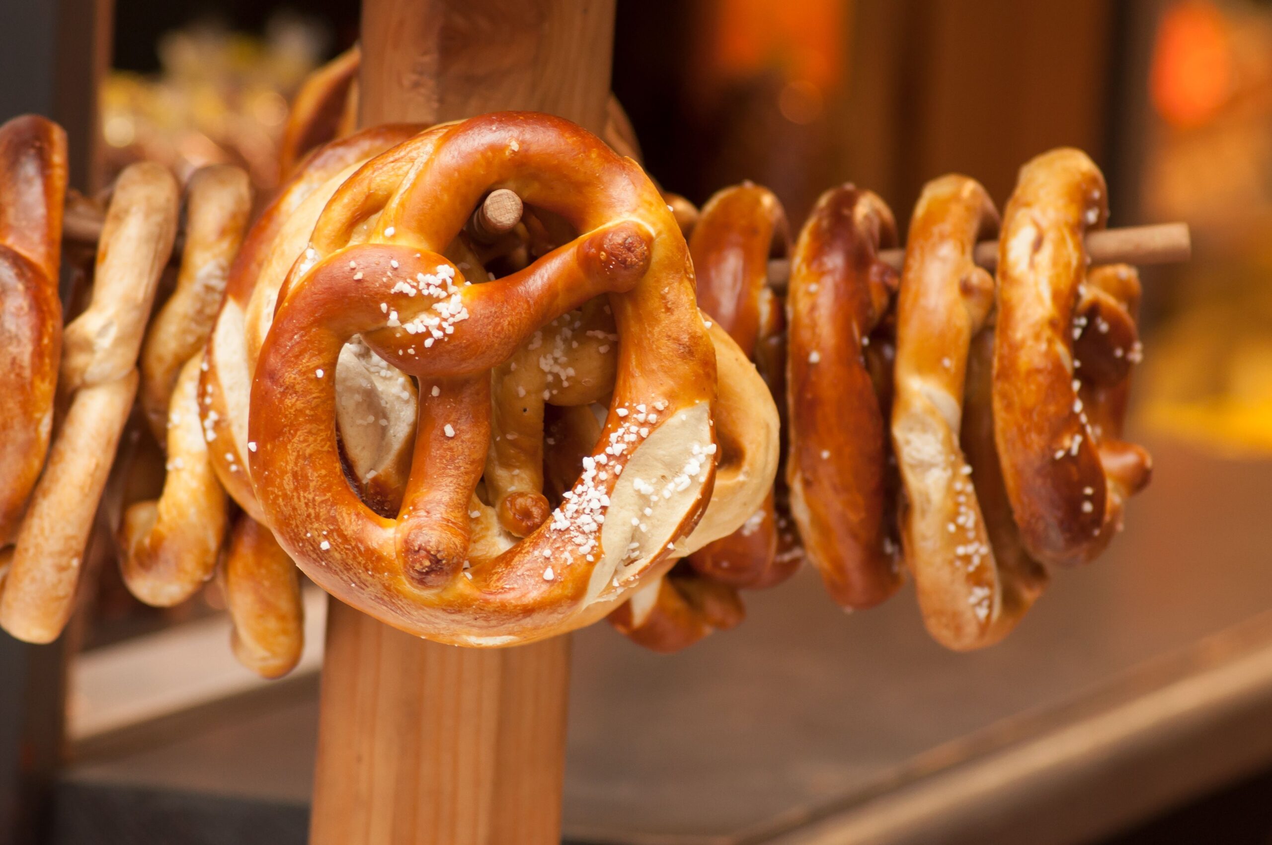 closeup of salted pretzels in traditional alsatian store