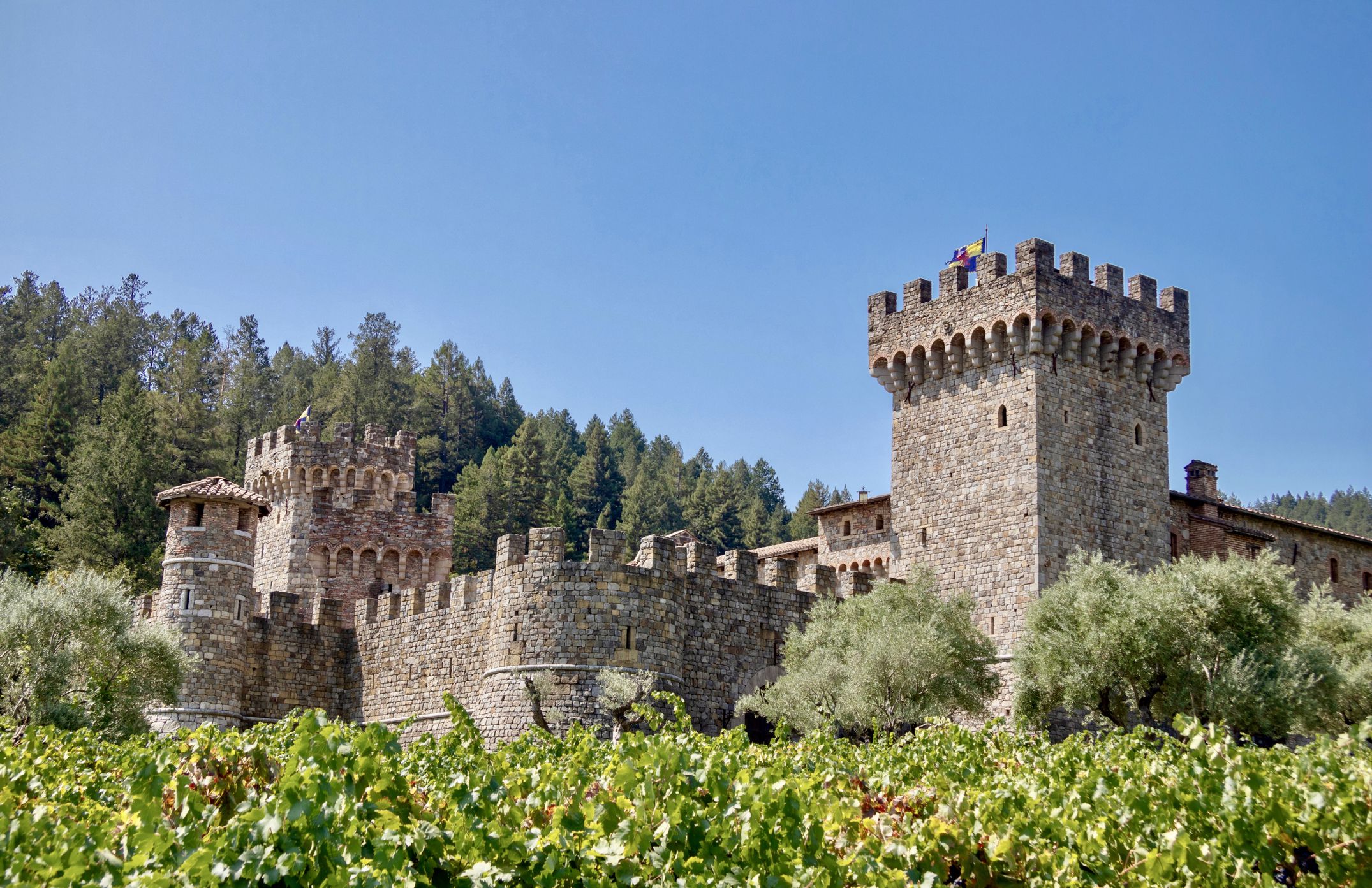 Calistoga, Ca - August 26, 2018- The exterior of Castello di Amorosa, a medieval inspired Tuscan style winery and castle located in California wine country.