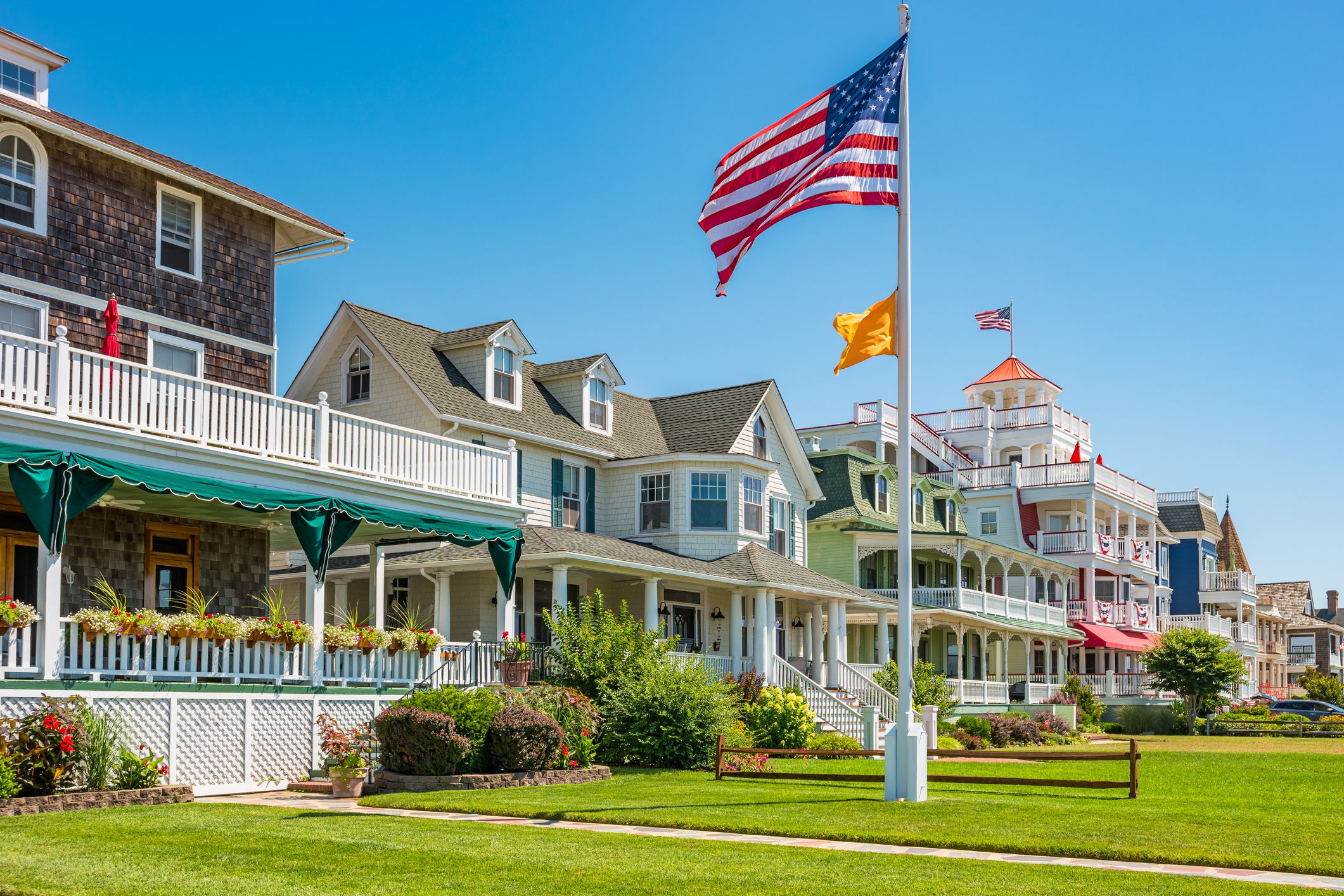 Traditional houses in the city of Cape May, New Jersey, USA, on a sunny summer day.