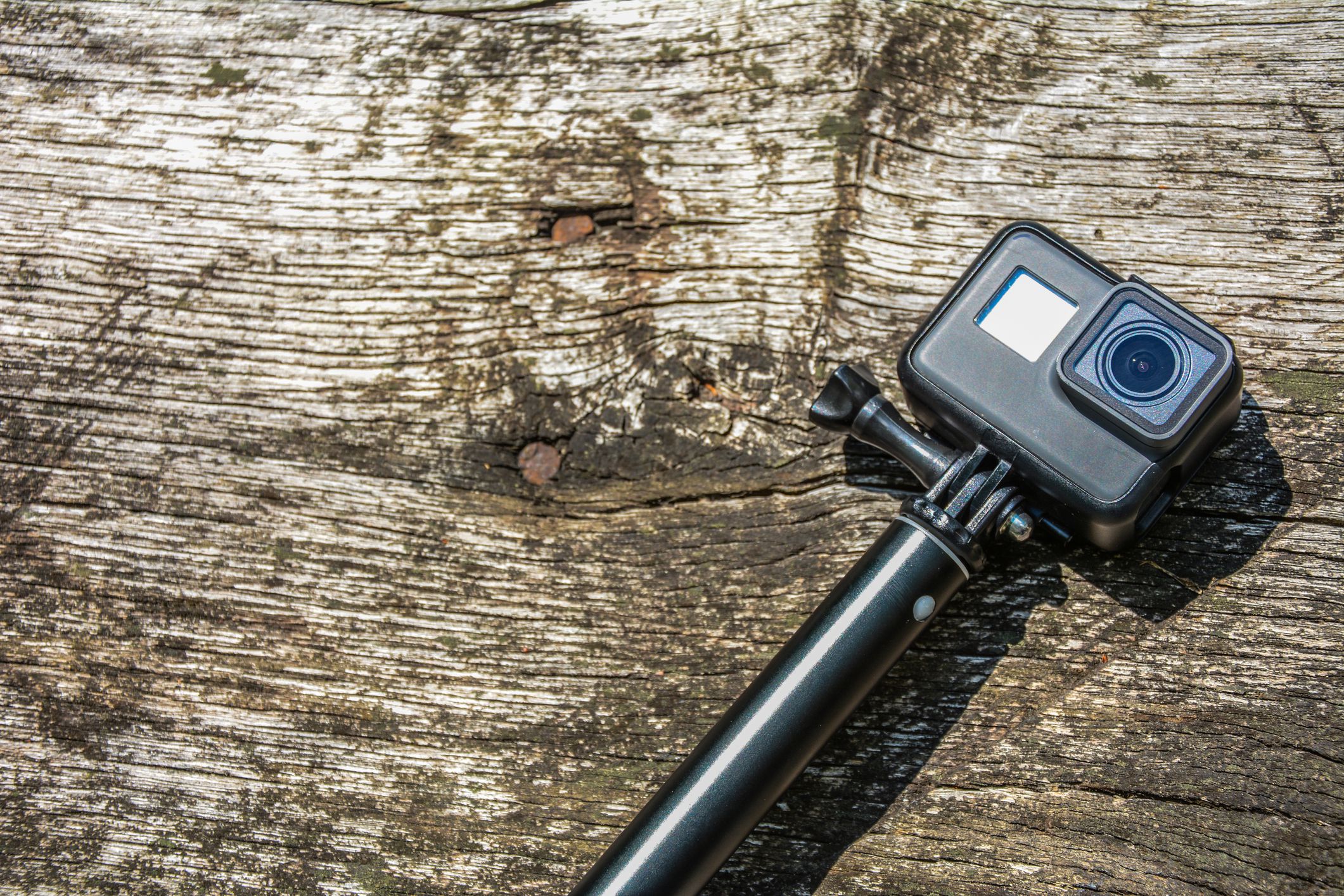 Action camera on wood surface