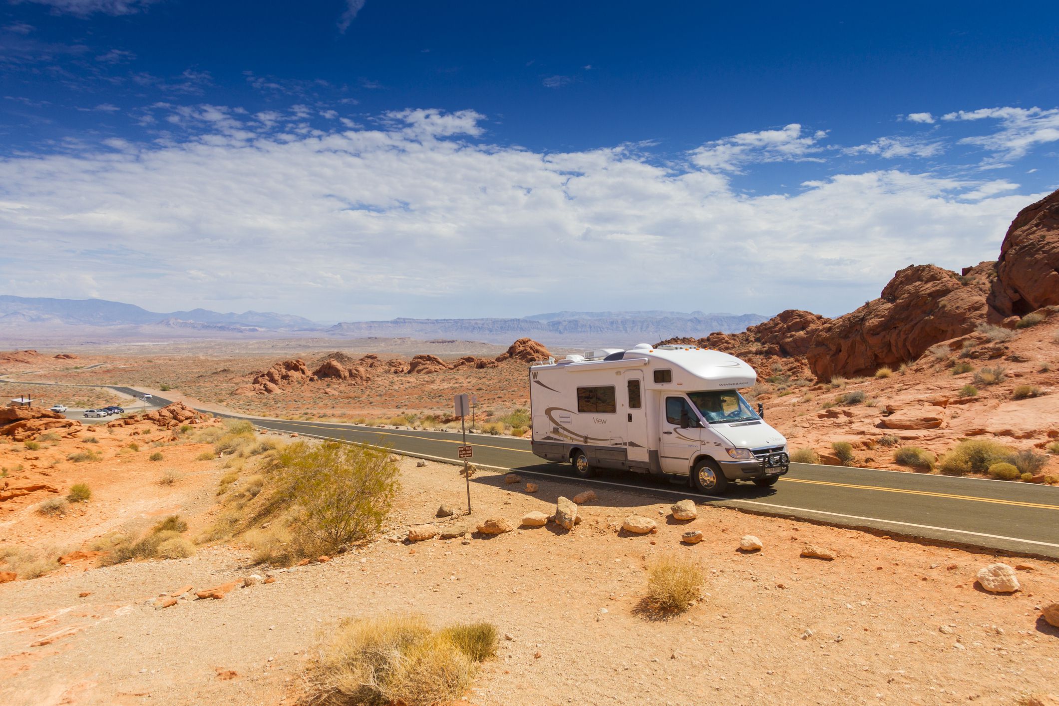 Las Vegas, USA - September 6, 2013: A photo of the Valley of Fire State Park in Las Vegas Nevada. The photo shows an RV driving through the scenic state park.