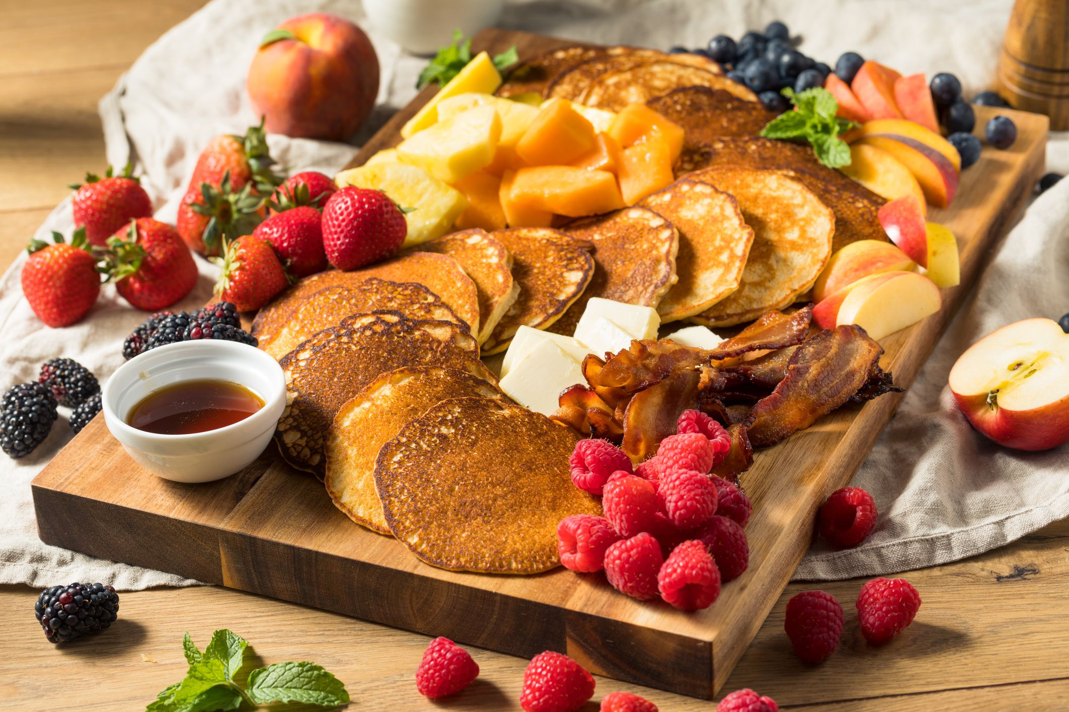 Homemade Pancake Charcuterie Board with Fruit and Bacon