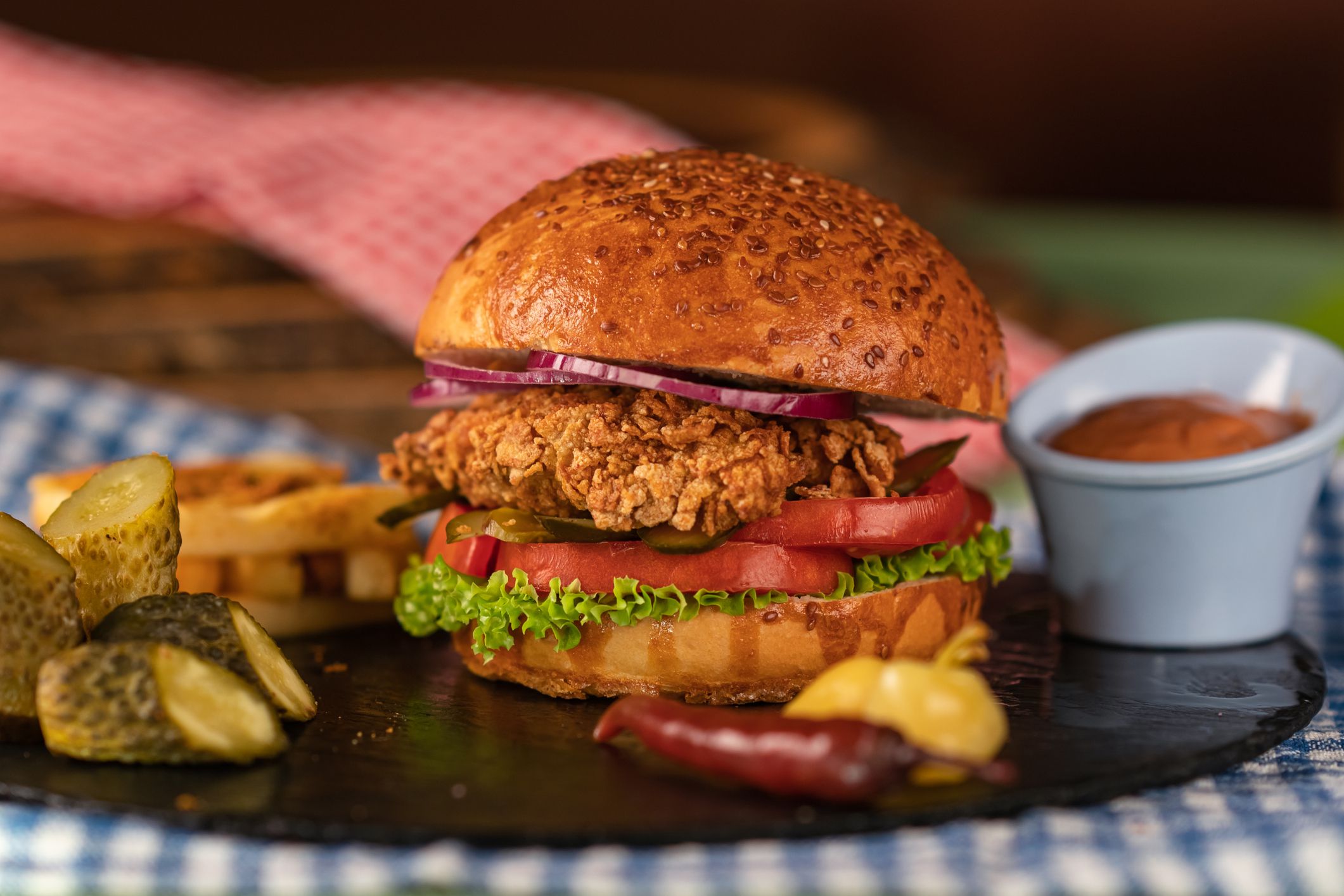 Homemade fried chicken burger with pickles