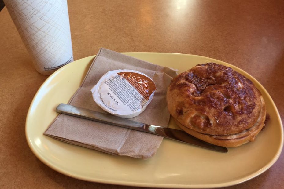 Panera Bread, Cinnamon Crunch Bagel with Honey Walnut Cream Cheese and Chai Tea Latte