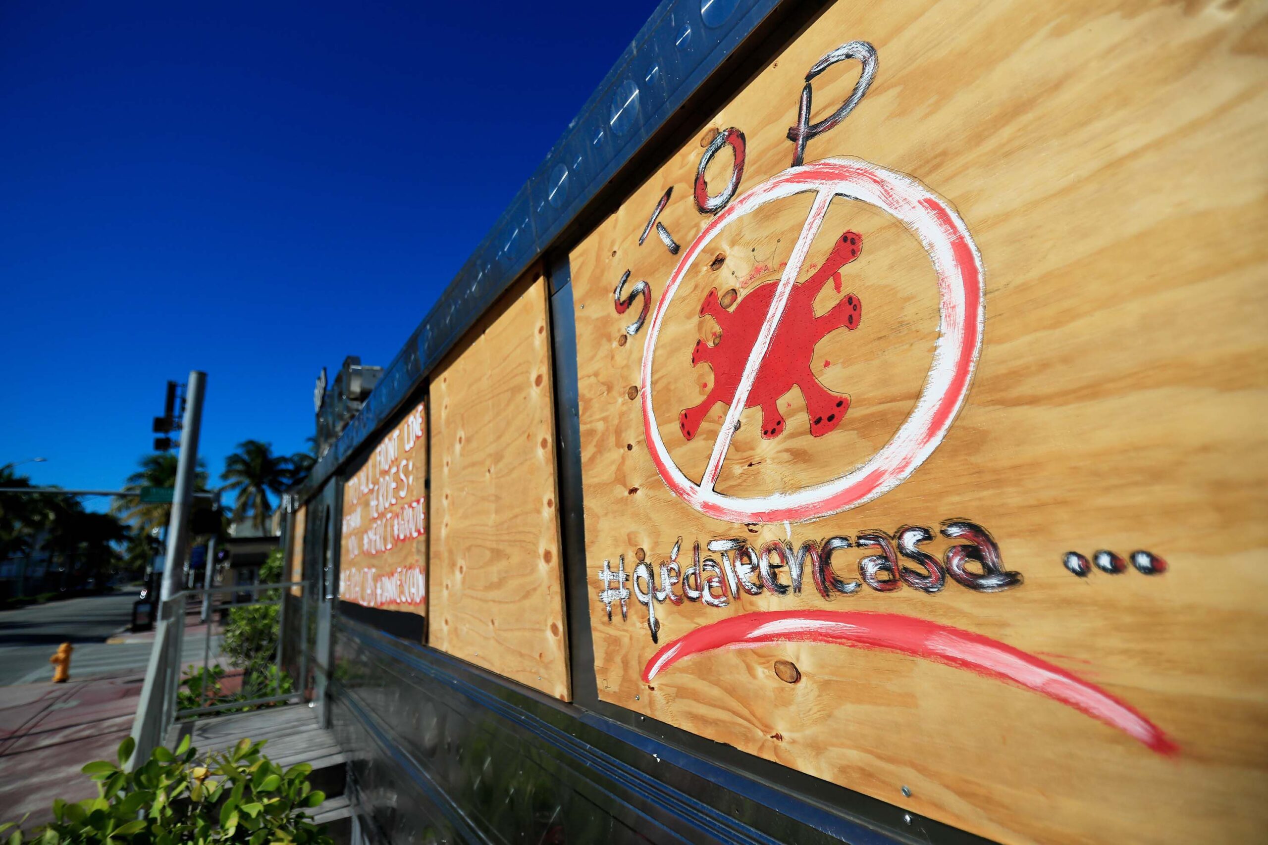 Messages of encouragement are displayed, painted on the closed and boarded up 11th Street Diner on May 04, 2020 in the South Beach neighborhood of Miami Beach, Florida during COVID-19