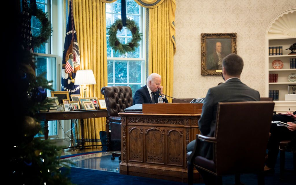U.S. President Joe Biden talks on the phone with Ukrainian President Volodymyr Zelensky from the Oval Office at the White House on December 09, 2021 in Washington, DC. According to the White House, Biden and Zelensky discussed Russia’s military build-up o