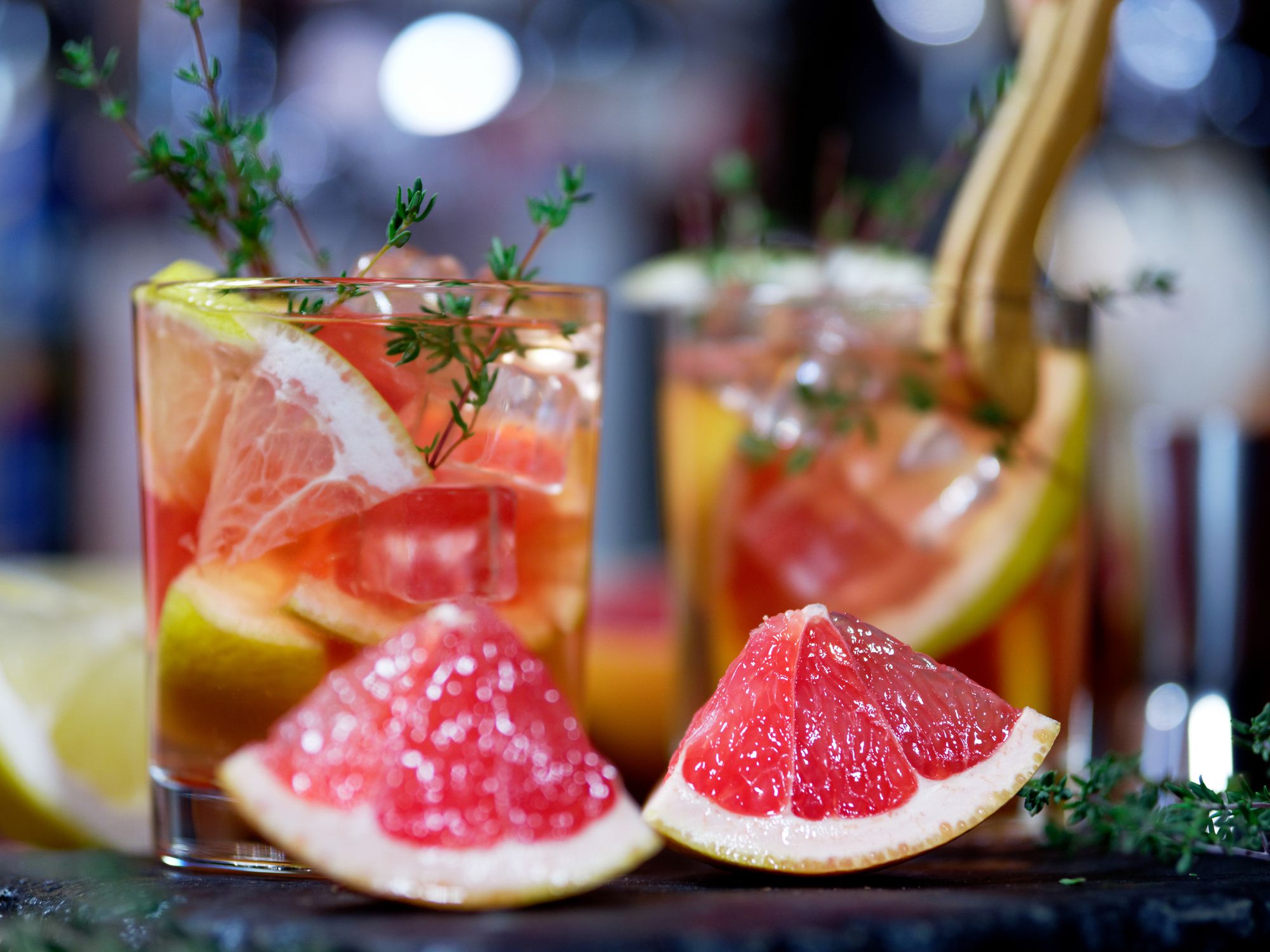 Pink and white grapefruit bourbon and thyme cocktail