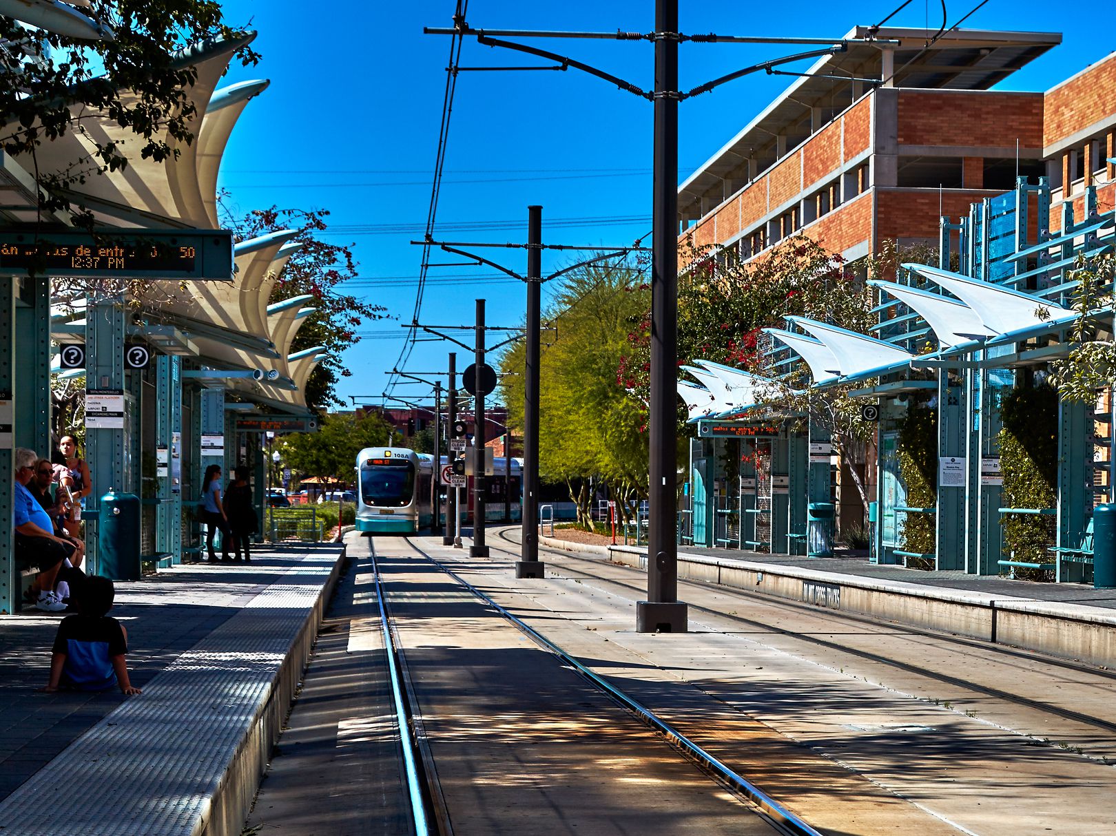 People waiting for train at station in Tempe, Arizona