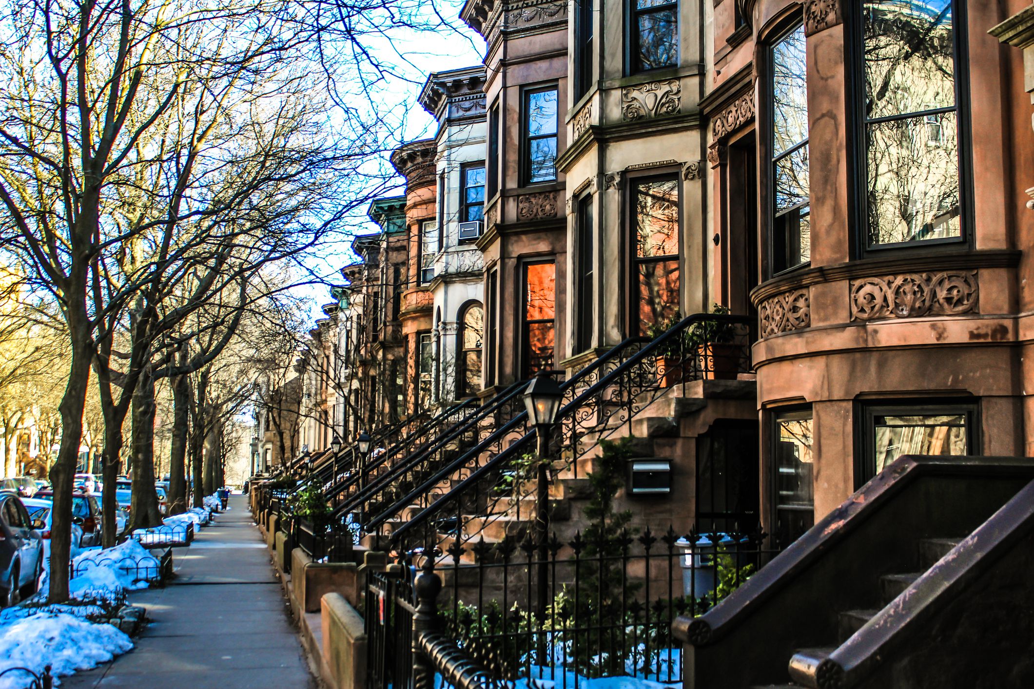 Row of brownstone in Park Slope on a winter afternoon.