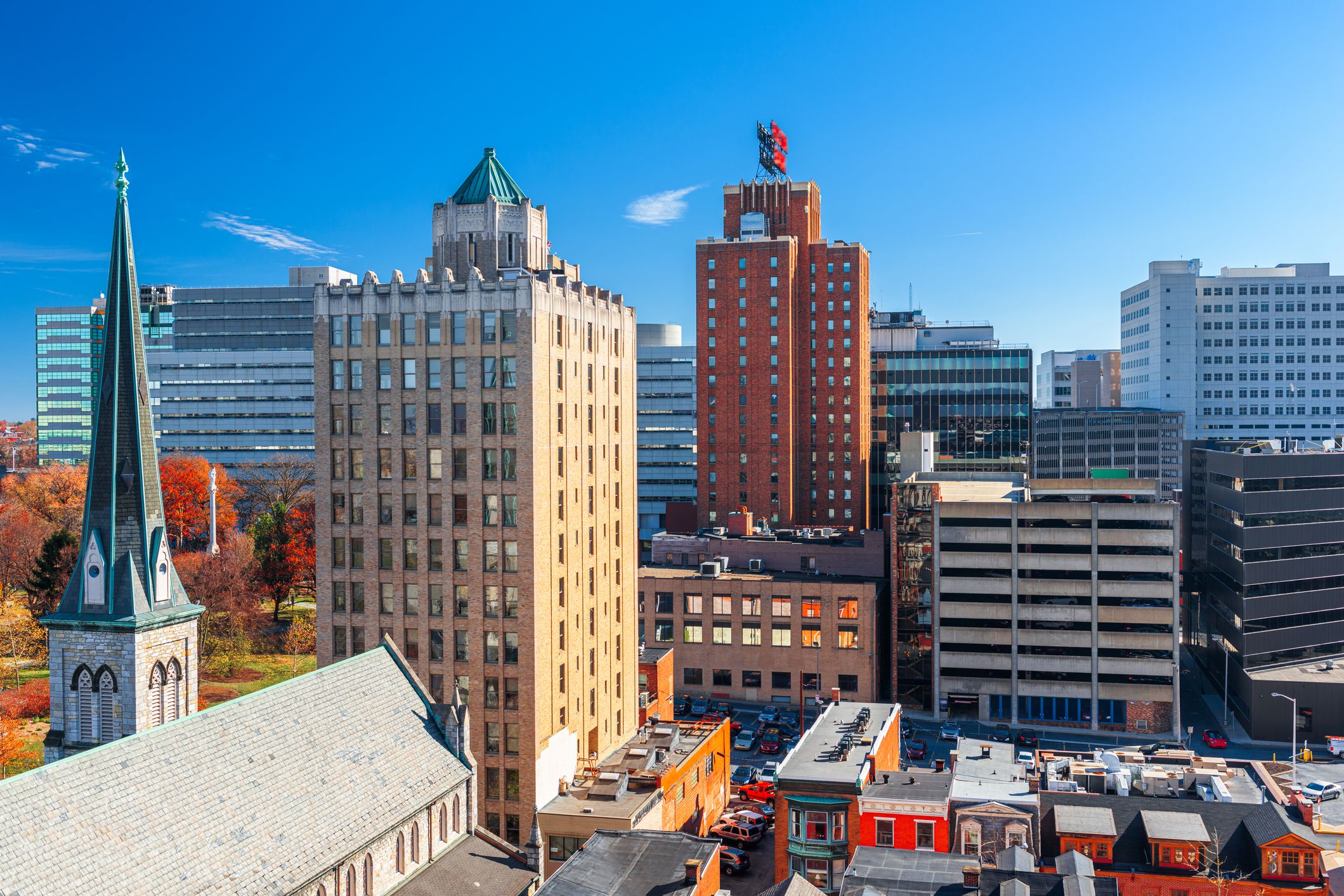 Harrisburg, Pennsylvania, USA cityscape with historic church tower in autumn.
