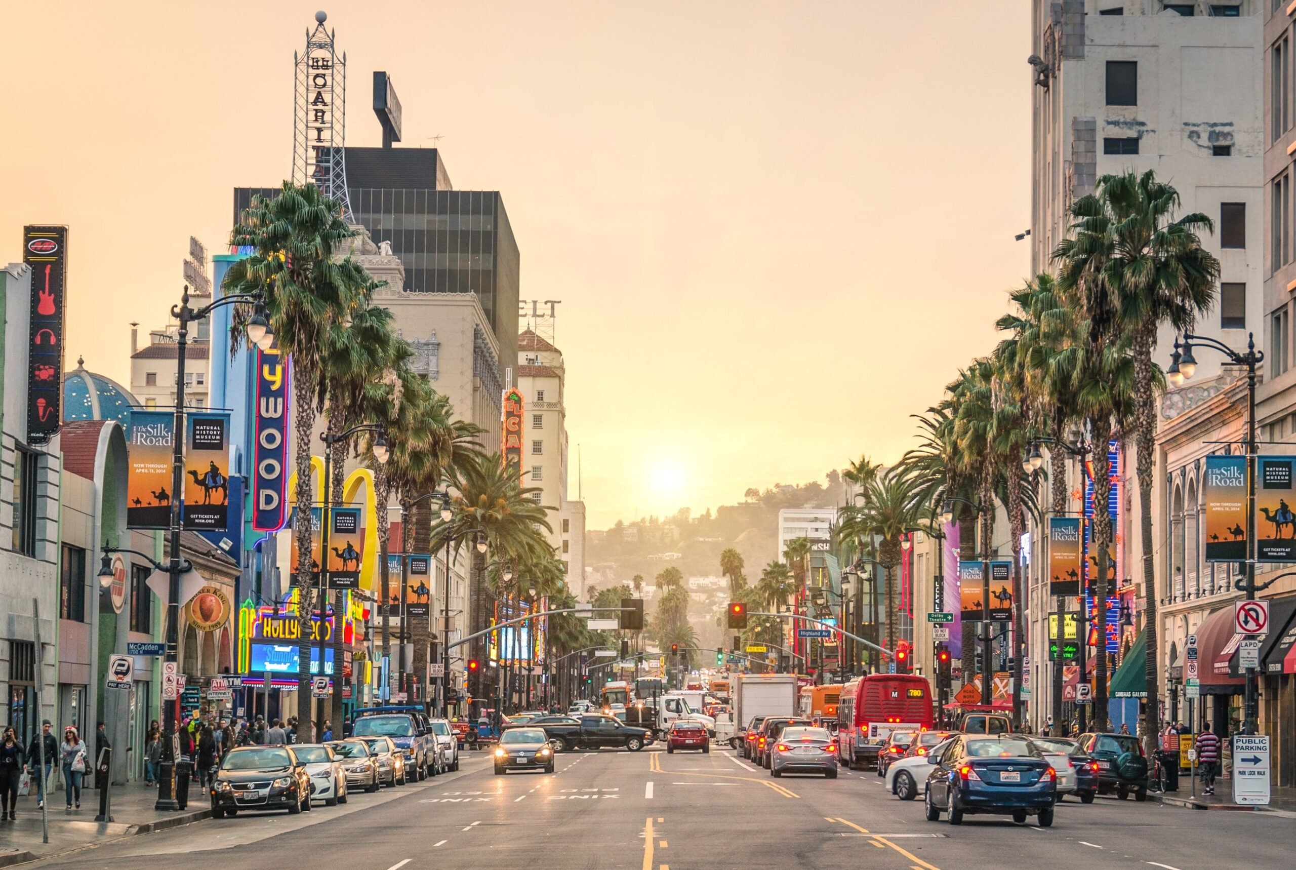 Los Angeles, United States - December 18, 2013: View of Hollywood Boulevard at sunset. In 1958, the Walk of Fame was created on this street as a tribute to artists working in the entertainment industry.