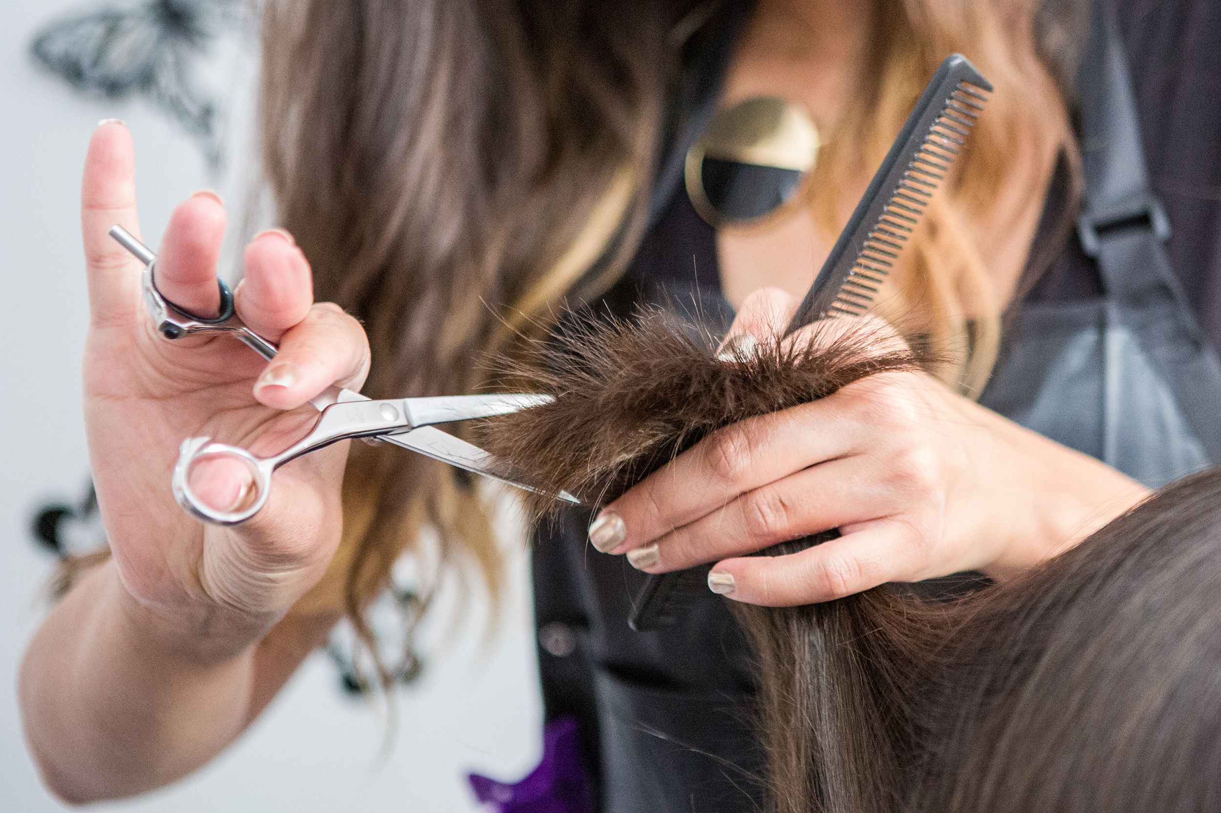 close-up of hairdressers hands cutting hair
