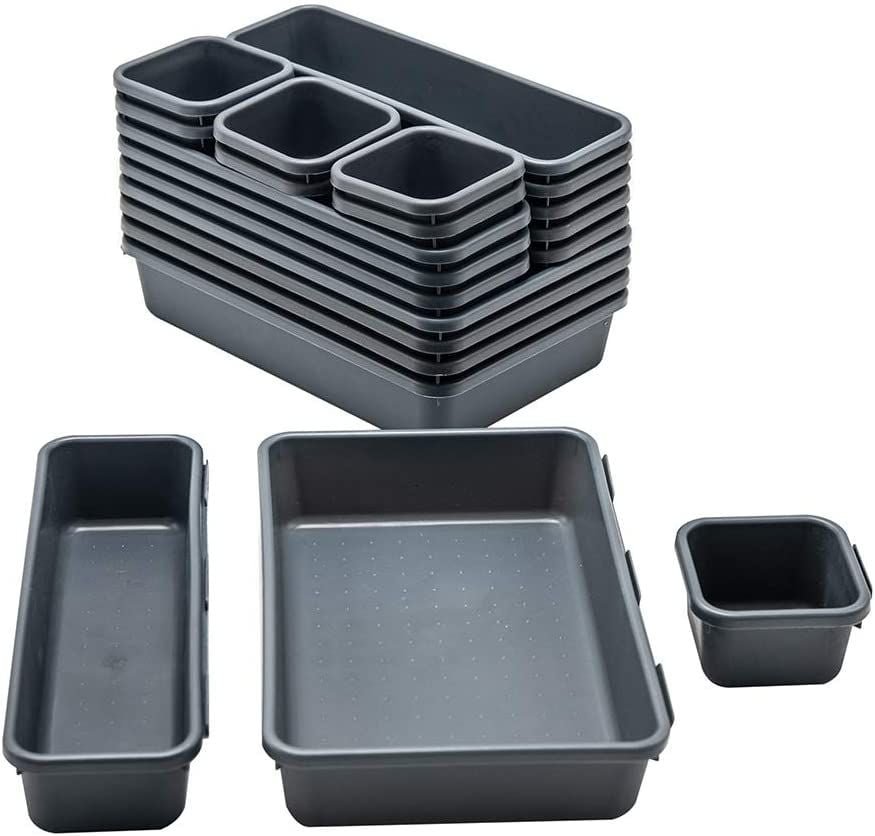 BYCY 18-Piece Tray Organizer Set- different sizes, some stacked, some outside of stack