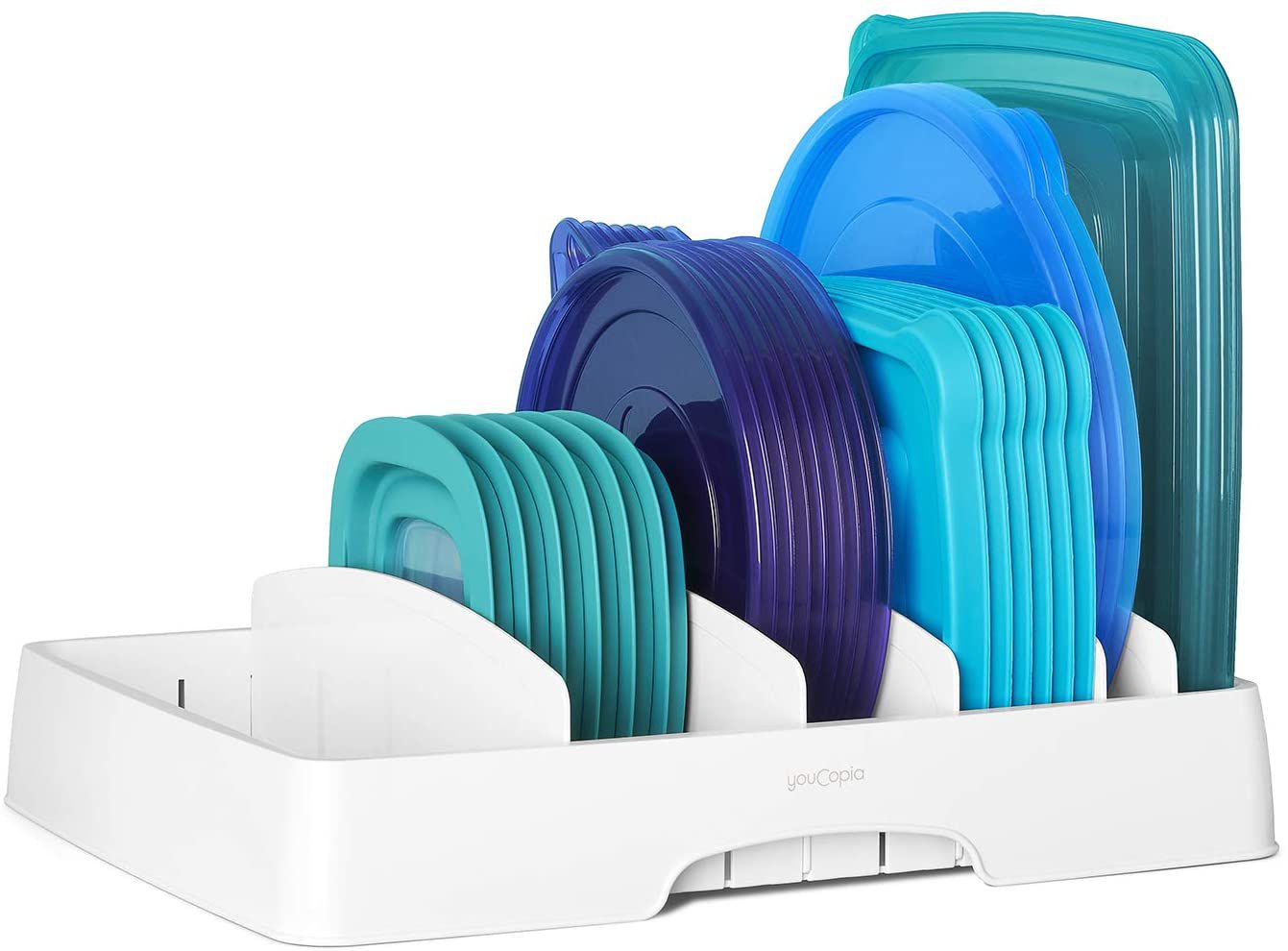 YouCopia StoraLid Organizer with 6 compartments and blue-colored lids in each section