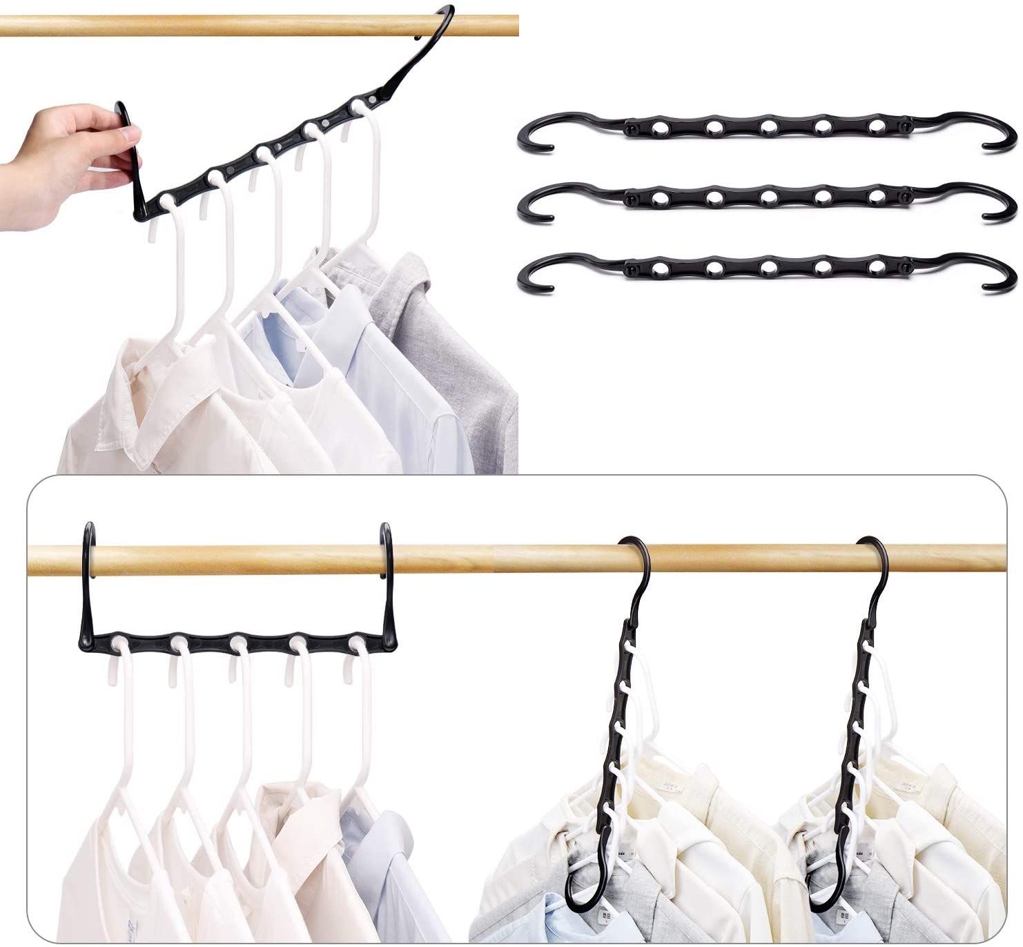 House Day Space-Saving Hangers Organizer- hand showing how to use them hanging in closet with shirt hangers hung on organizer, some hooks shown on their own