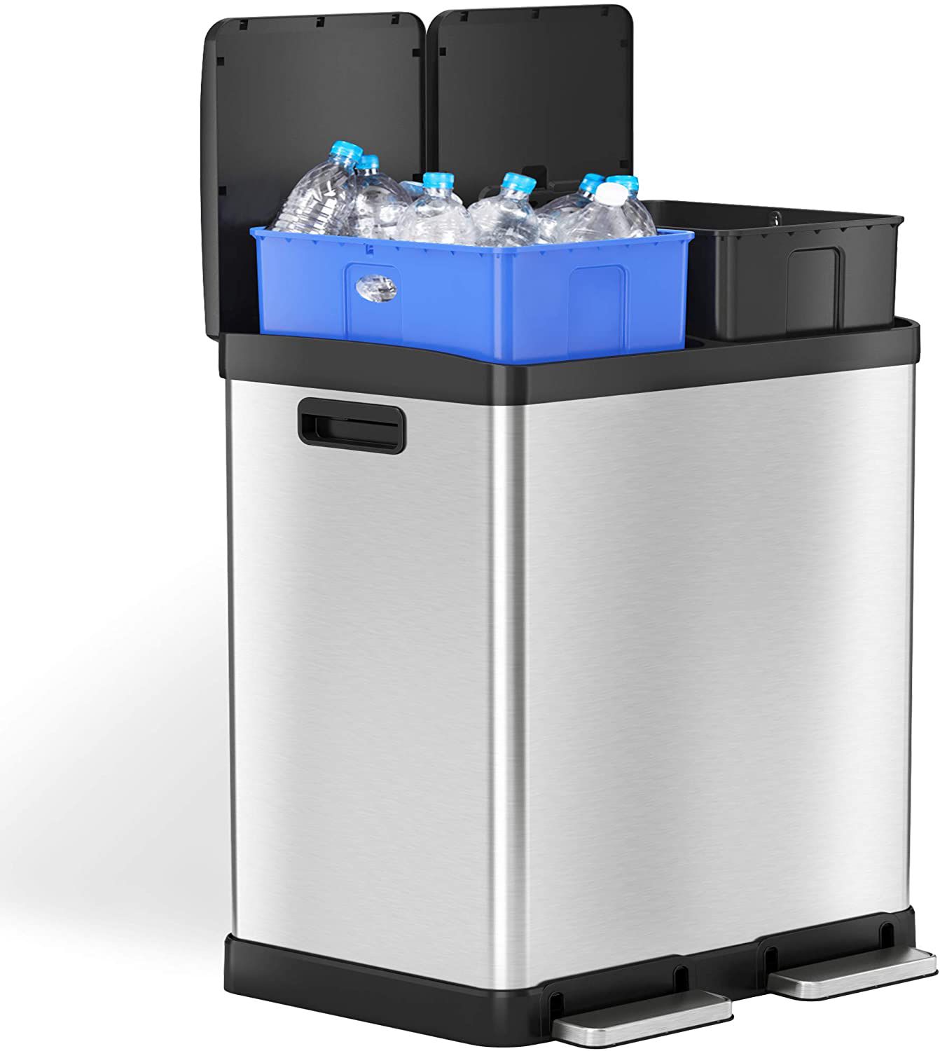 iTouchless Dual Step Trash Can & Recycle Bin- both sections visible and empty water bottles in the recycle section