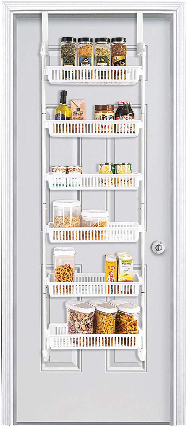 Smart Design Over-the-Door Pantry Organizer demonstrated on pantry door and filled with food