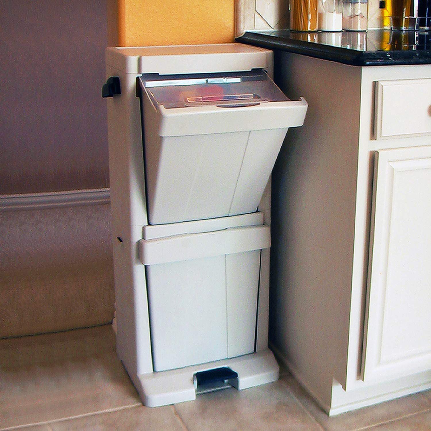 Richell Pet Food Storage Tower with two sections- slightly opened with dog food bag visible inside top container