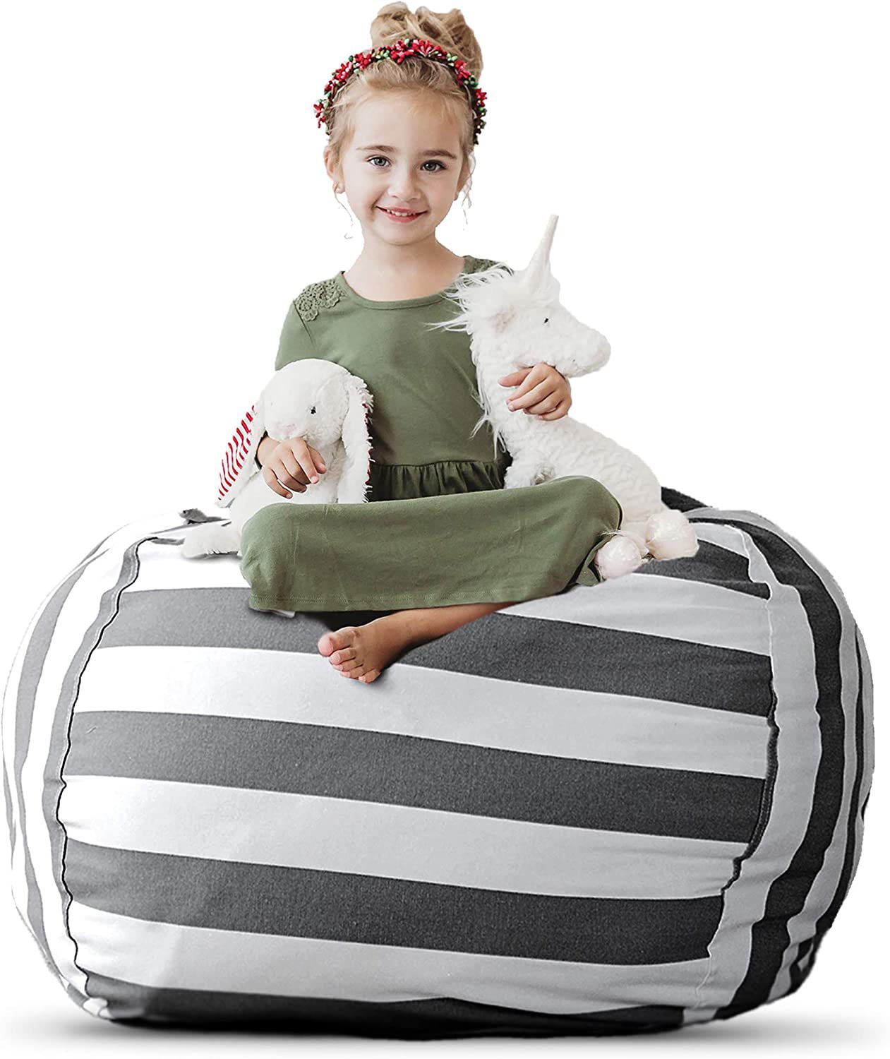 Striped Stuffed Animal Storage Bean Bag Chair with little girl sitting on top holding stuffed animals