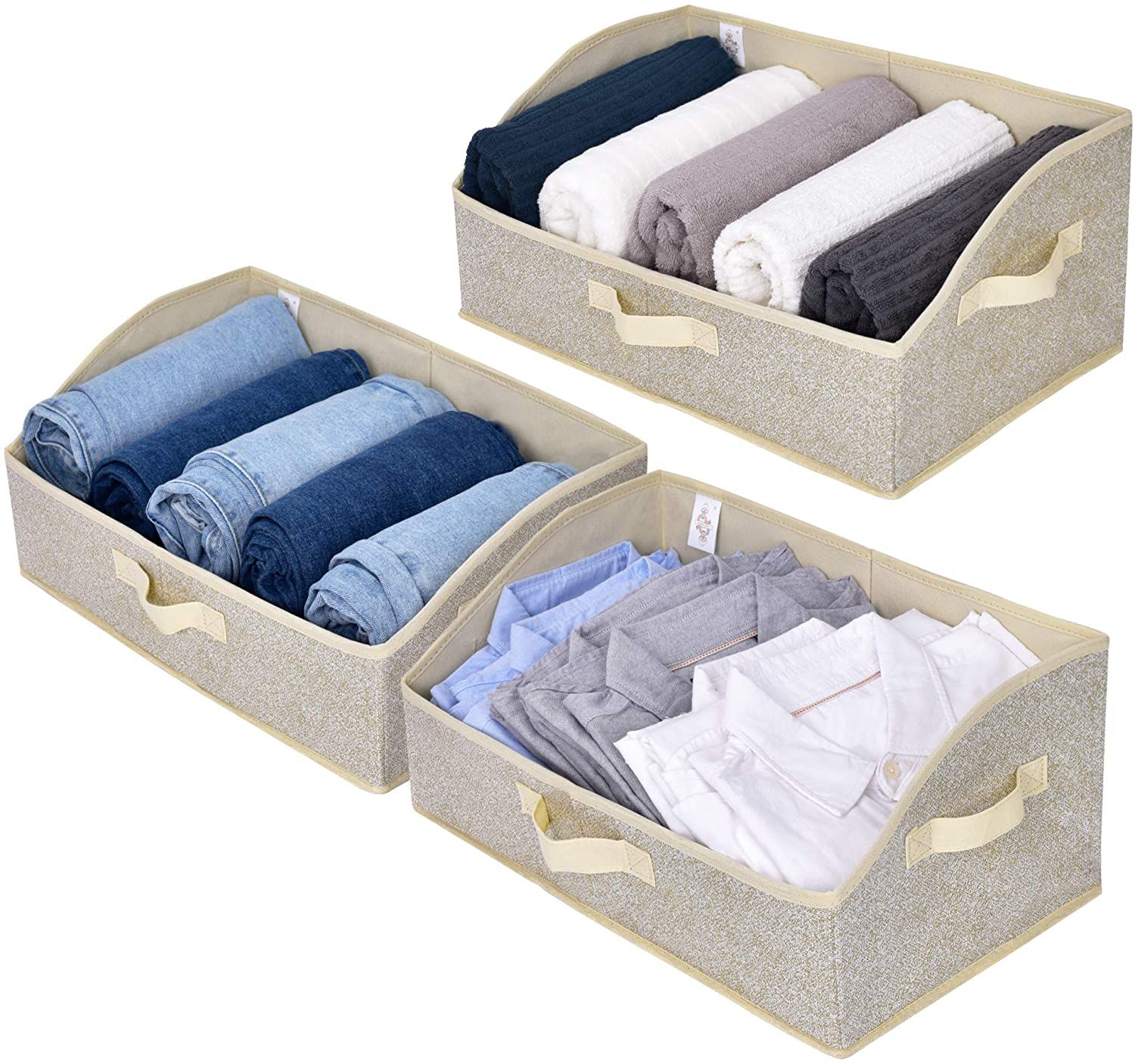 3 tan colored Granny Says Storage Bins with rolled clothes inside each