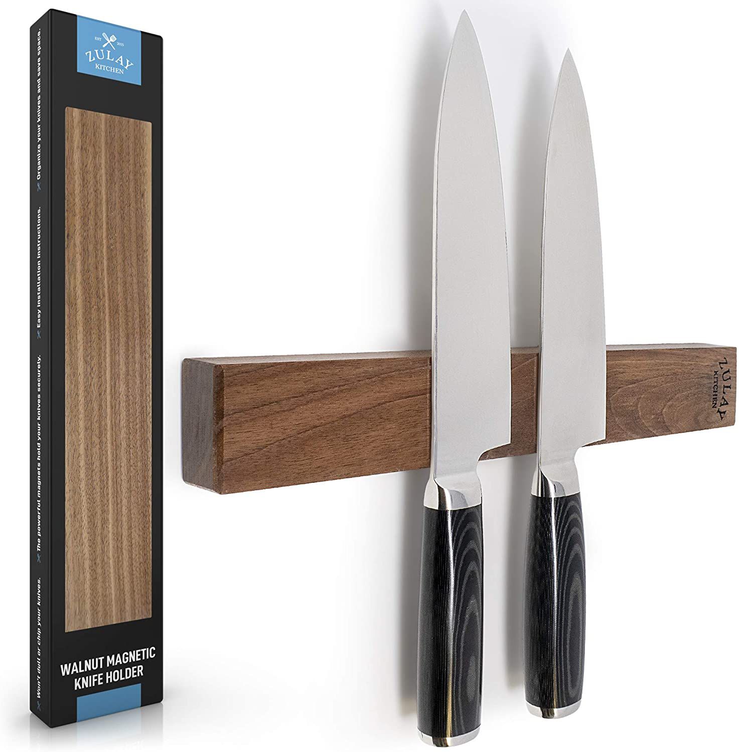 Zulay Wooden like material Magnetic Knife Holder holding up two knives