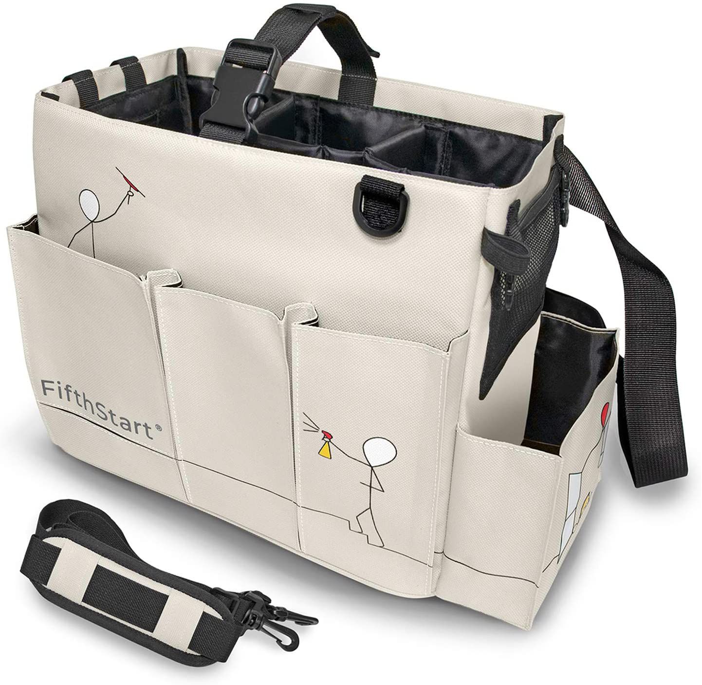 FifthStart Wearable Cleaning Caddy- khaki color with stick man drawings cleaning