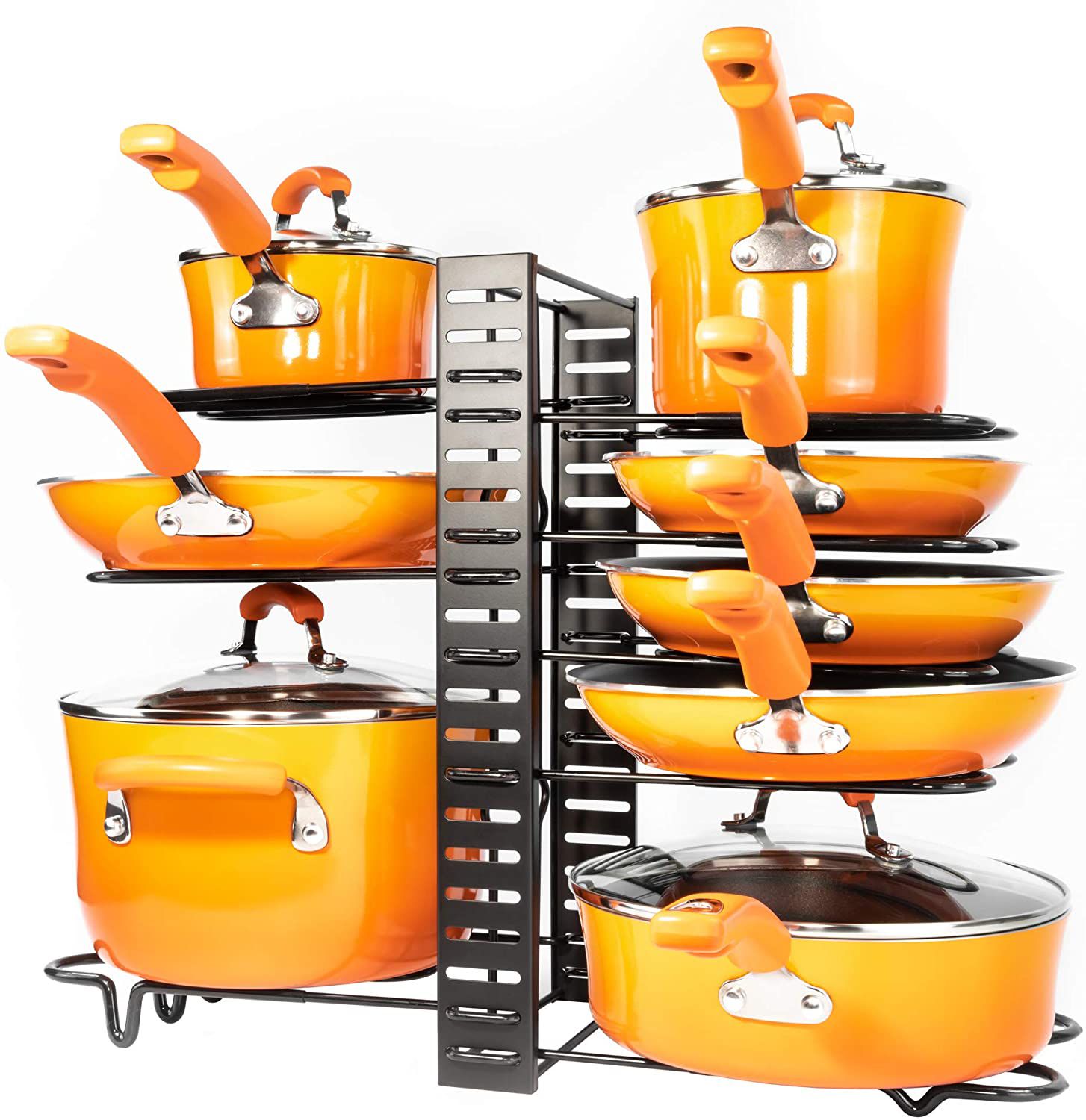 Magic Home USA Pots and Pans Organizer filled with yellow pots and pans