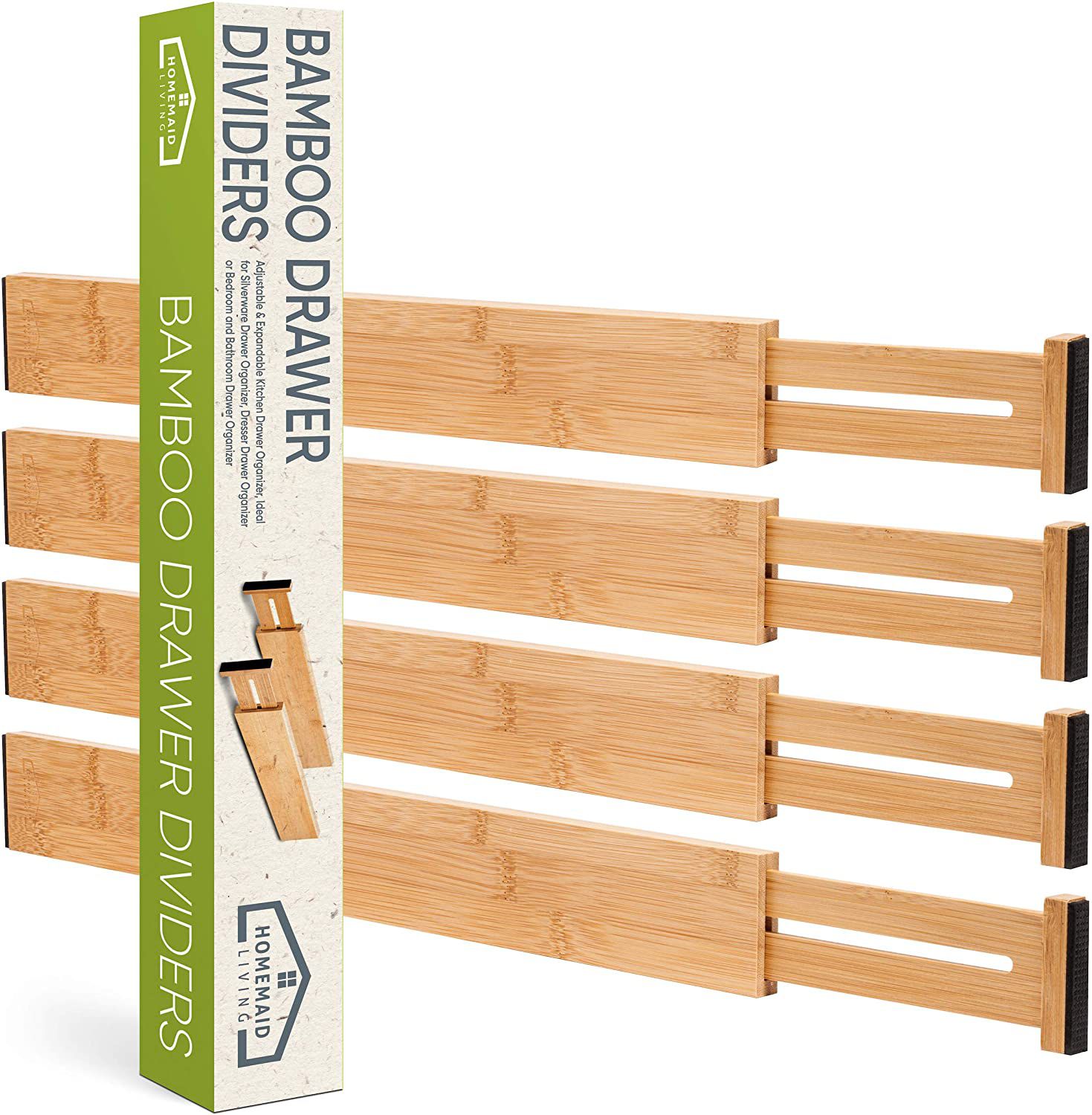 Pack of 4 Homemaid Living Bamboo Drawer Dividers- shown outside of/beside packaging box