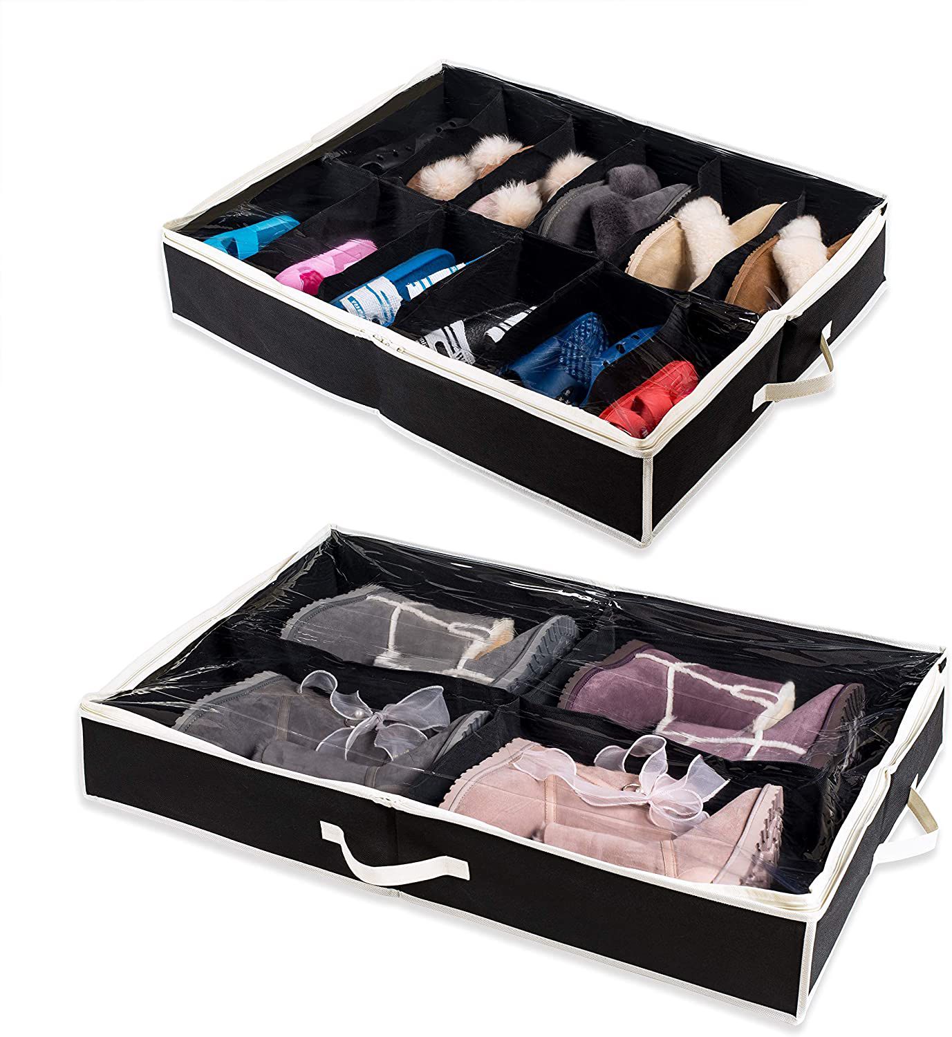Two Woffit Under-the-Bed Shoe Organizers- both filled with clothes and shoes, one is uncovered and one has plastic cover on