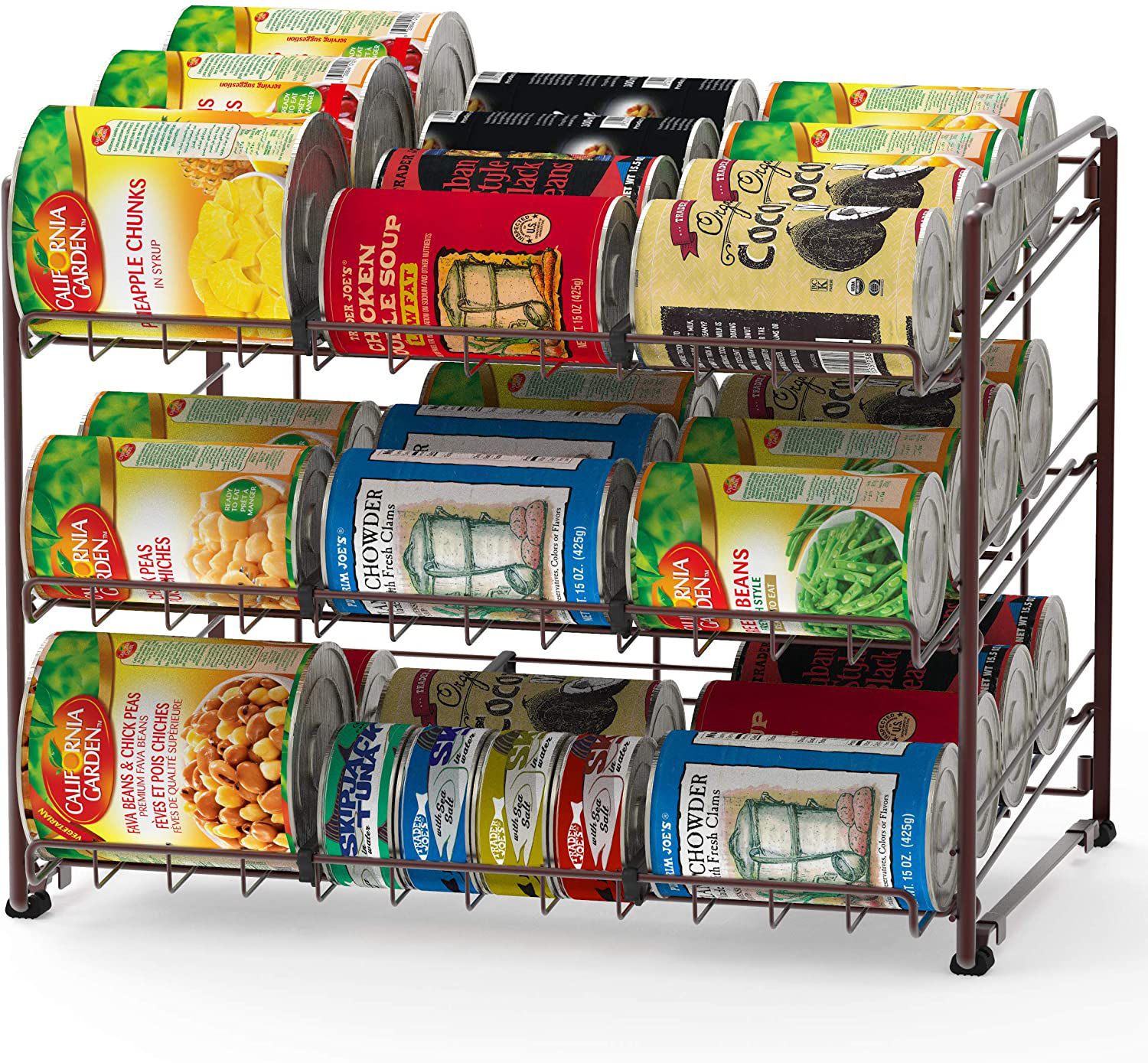 Simplehouseware Stackable Can Rack filled with a variety of cans