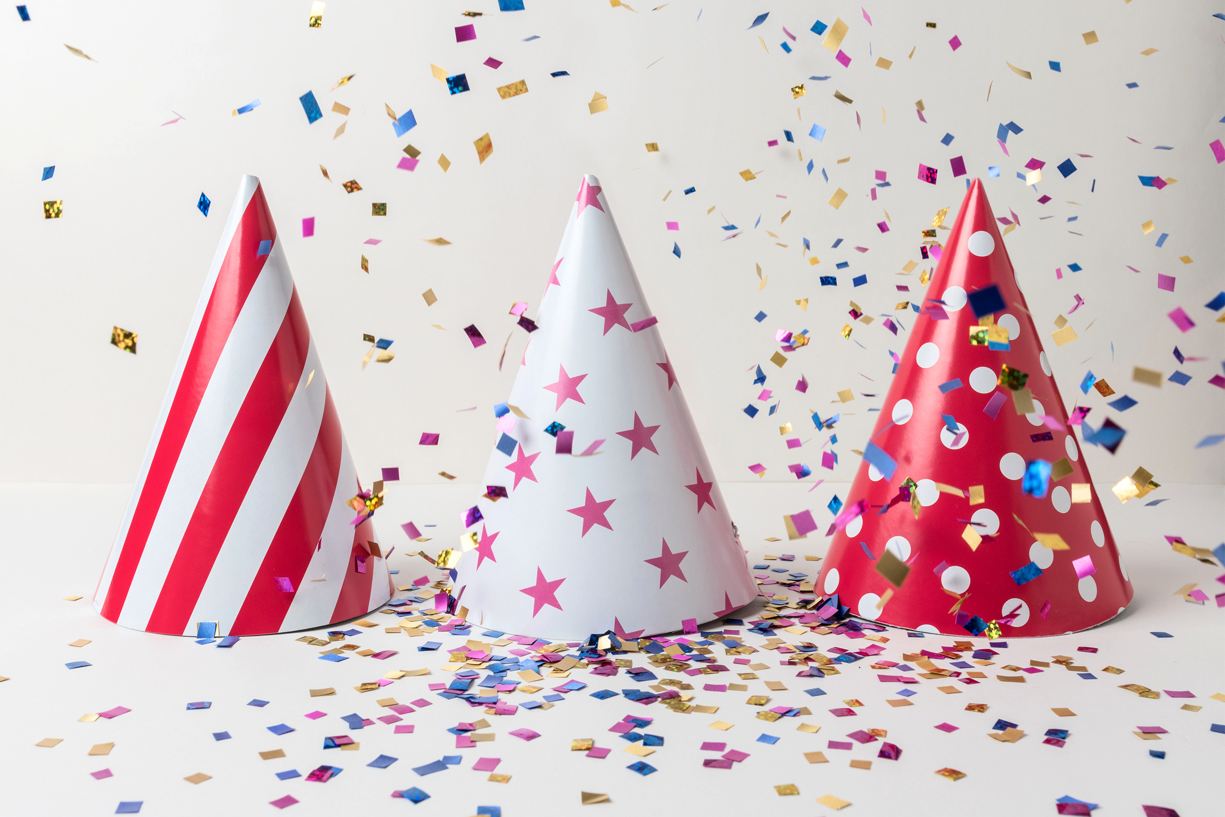 birthday hats and confetti