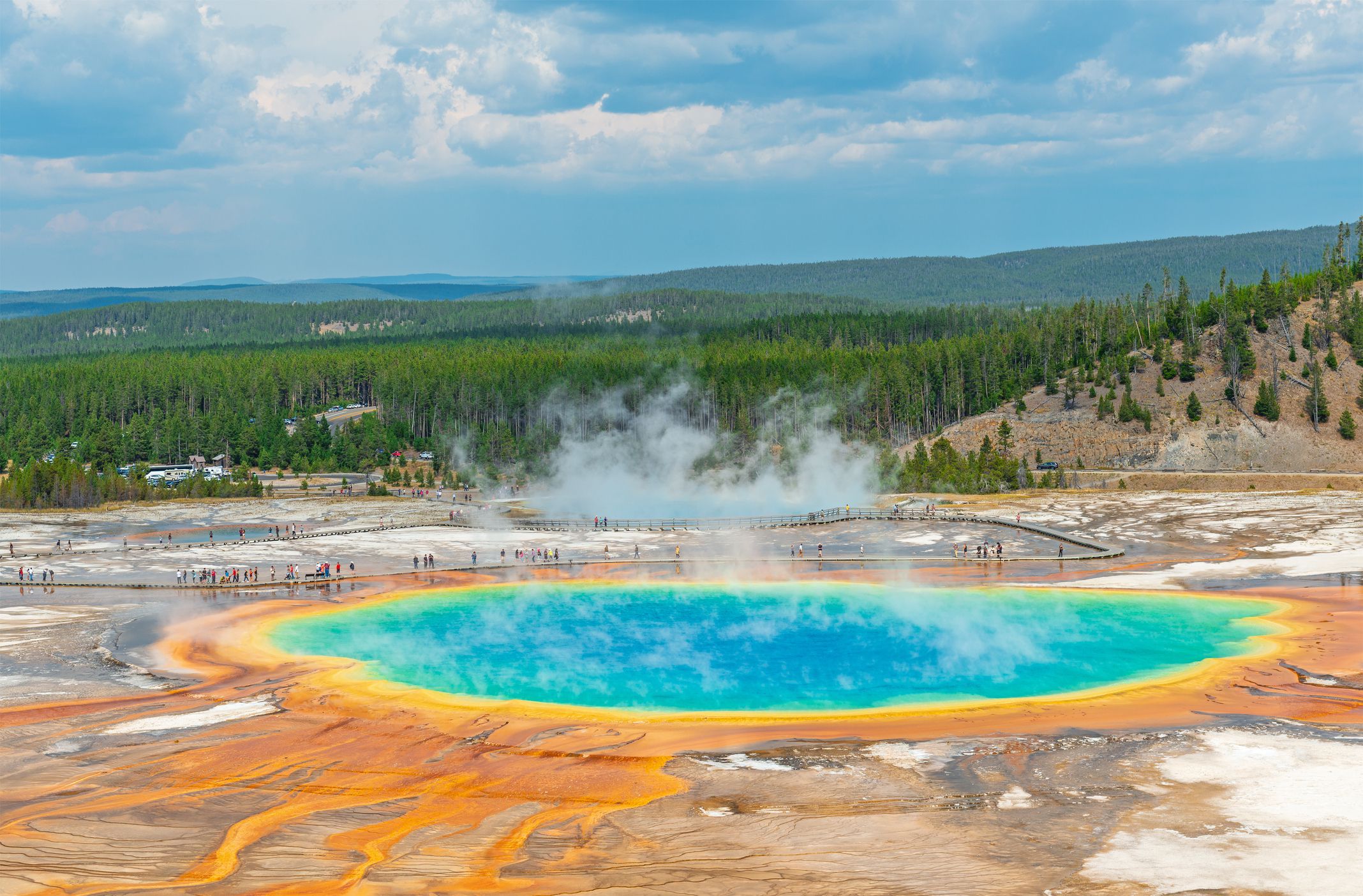 Aerial landscape of the Grand Prismatic Spring with elevated walkway and people walking, Yellowstone national park, Wyoming, USA.