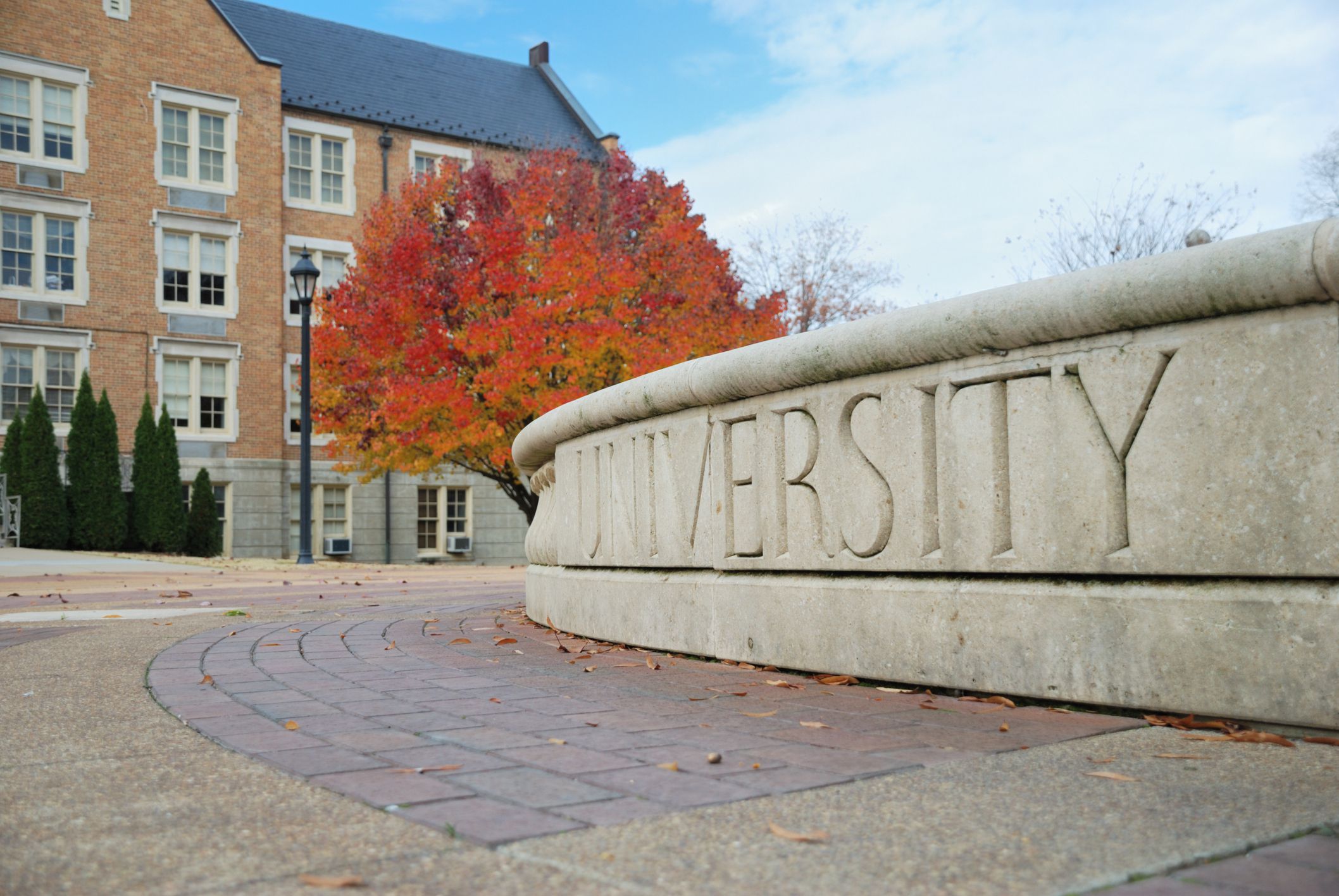 University sign in autumn with copy space