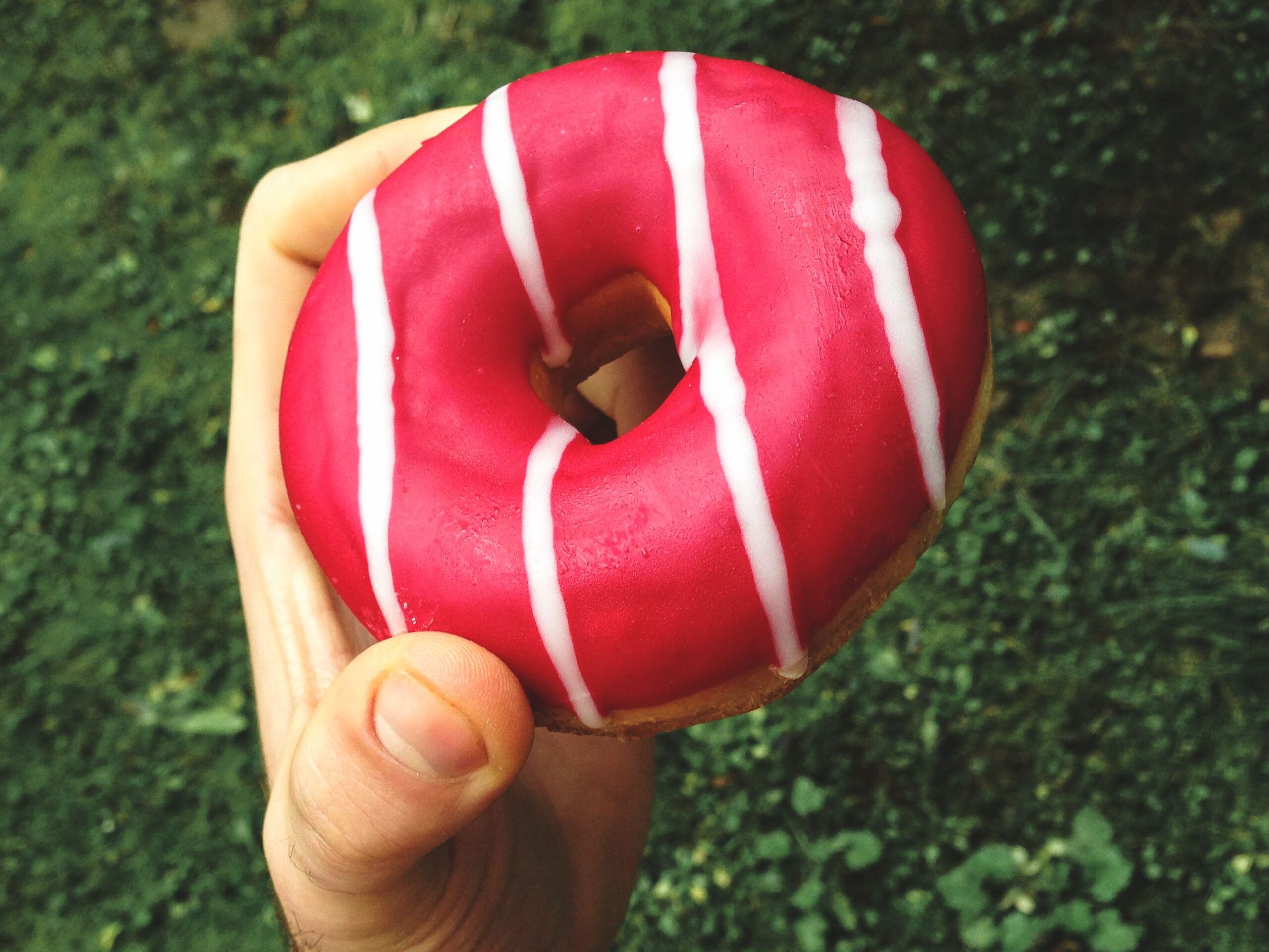 holding a strawberry donut outdoors