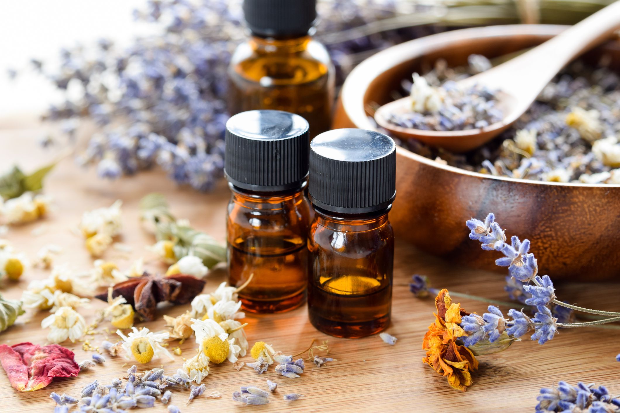 dried herbs with essential oils using lavender and chamomile