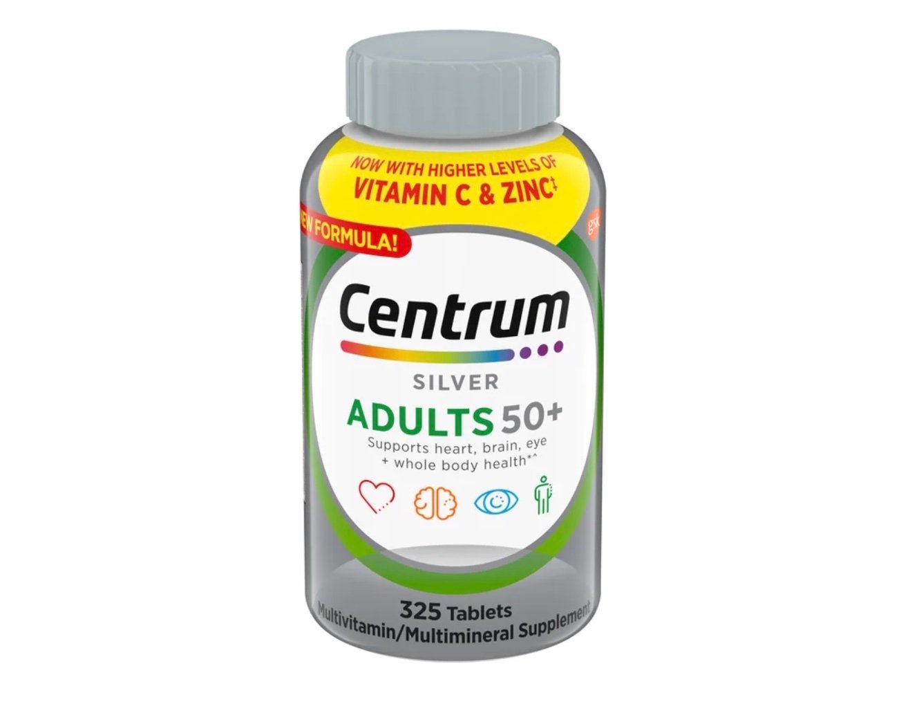 A bottle of Centrum Silver Adults 50+ multivitamin tablets, featuring a gray cap and labels highlighting higher levels of vitamin C and zinc. With 325 tablets, it supports heart, brain, and eye health—perfect for Costco deals for seniors.