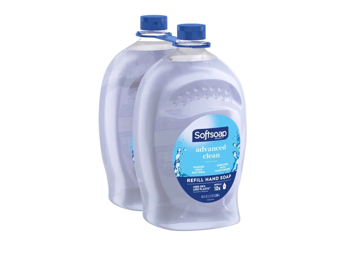 Two clear plastic bottles of Softsoap Advanced Clean refill hand soap with blue caps and blue labels, placed side by side against a white background—perfect for those looking for great Costco deals for seniors.
