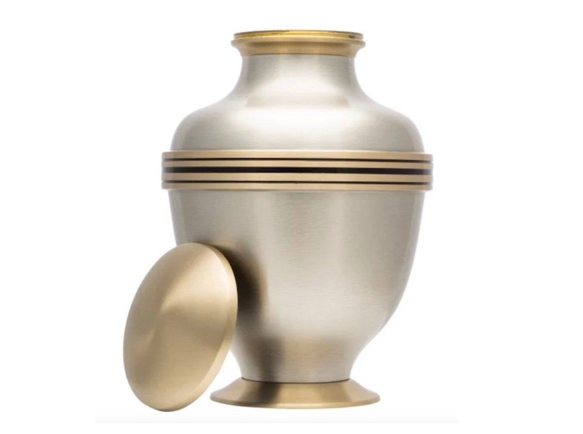 A silver and gold metal urn with a matching gold lid placed beside it, shown on a plain white background—perfect for those seeking quality memorials and taking advantage of Costco deals for seniors.