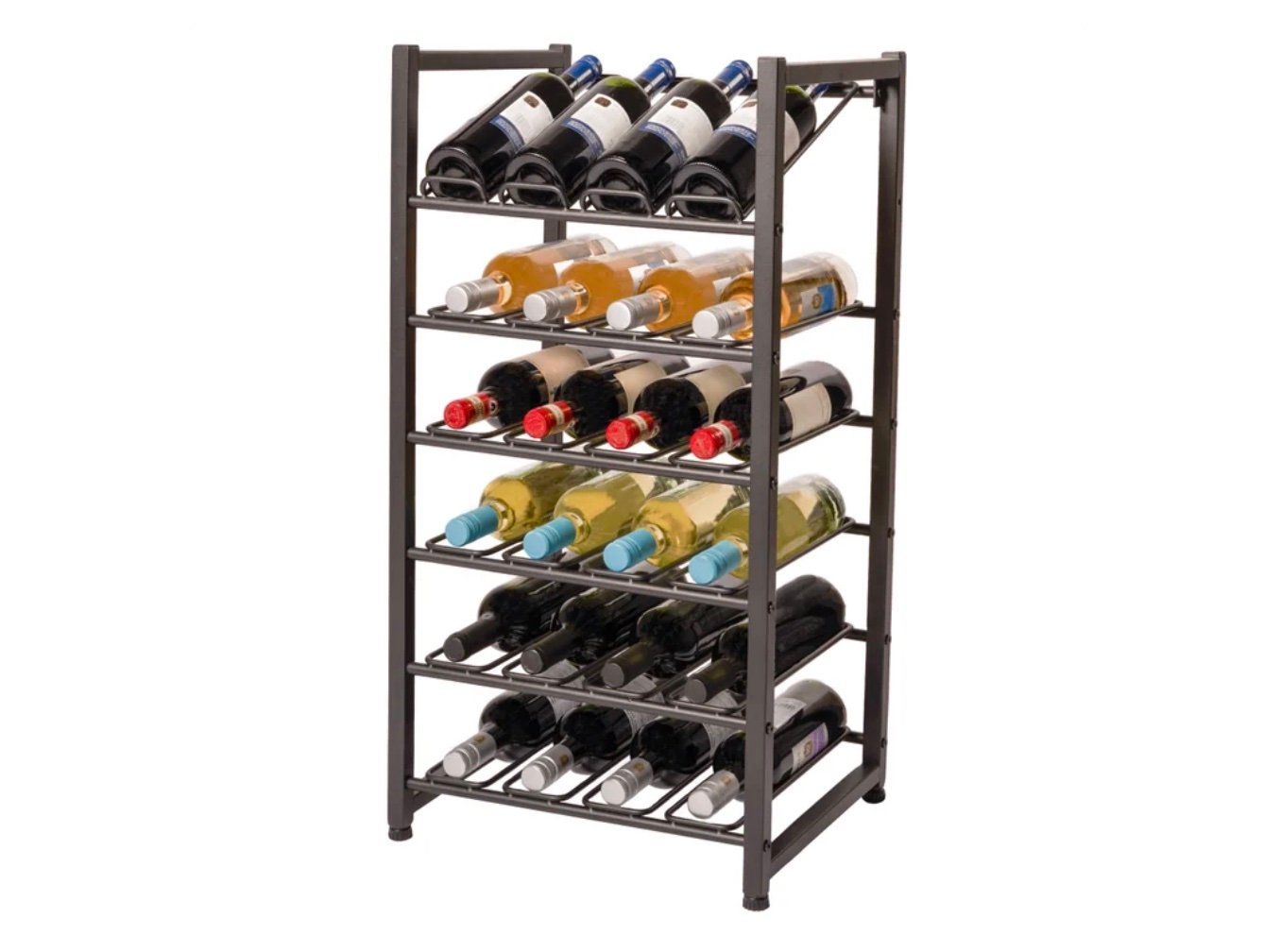 A black metal wine rack holding five shelves of assorted wine bottles, including red, white, and sparkling varieties—perfect for showcasing your latest Costco deals for seniors—set against a plain white background.