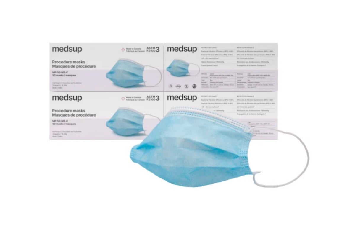 Three boxes of Medsup procedure masks with one light blue disposable mask in front, all on a white background. The packaging text is visible in English and French—a great find among Costco deals for seniors seeking quality protection.
